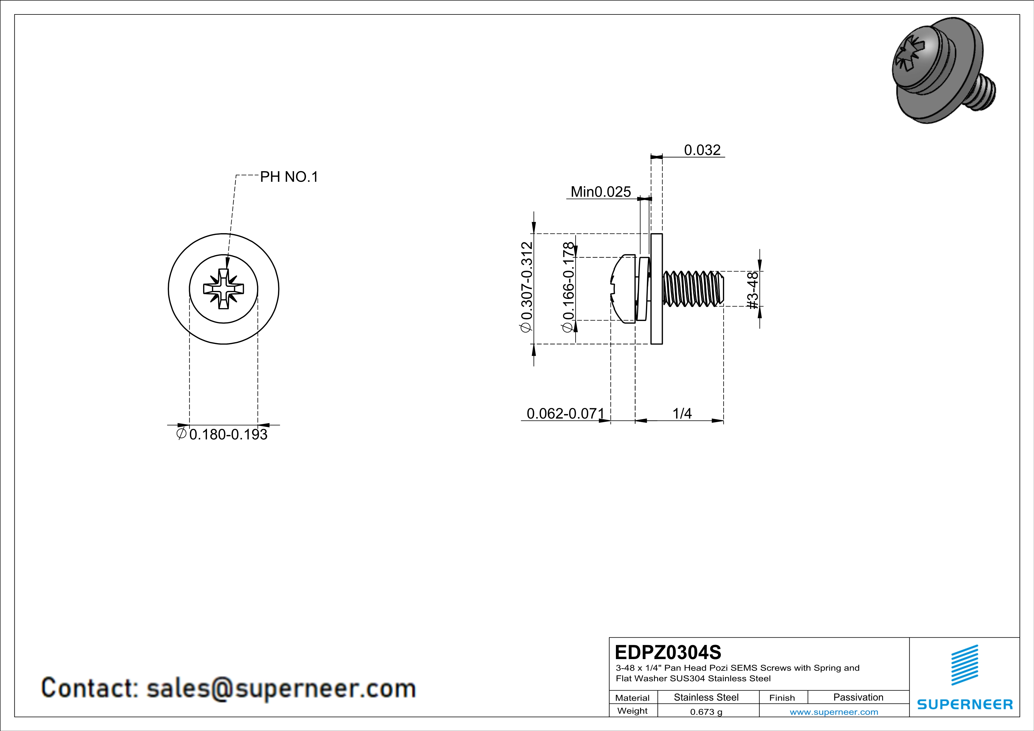 3-48 x 1/4" Pan Head Pozi SEMS Screws with Spring and Flat Washer SUS304 Stainless Steel Inox