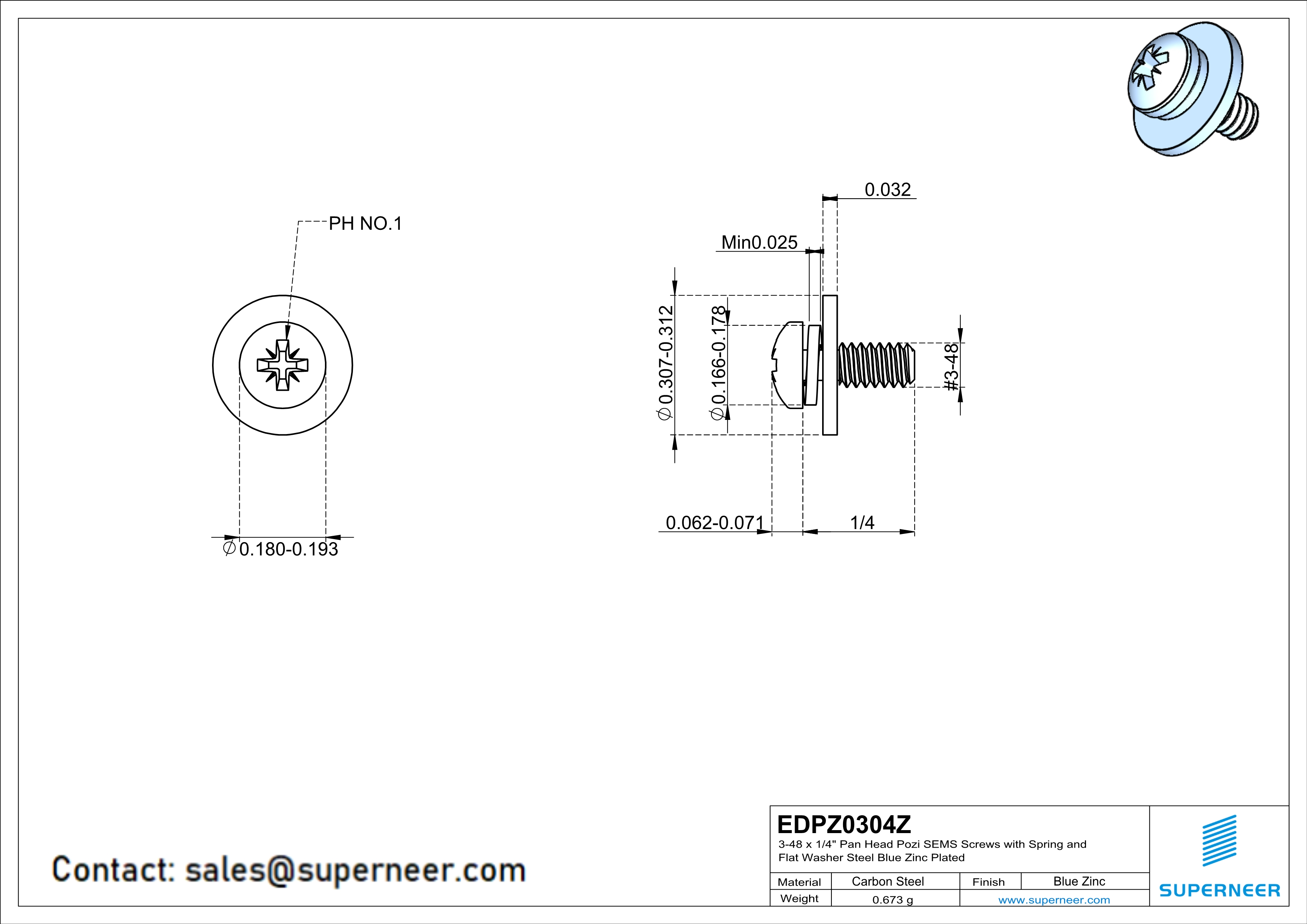 3-48 x 1/4" Pan Head Pozi SEMS Screws with Spring and Flat Washer Steel Blue Zinc Plated