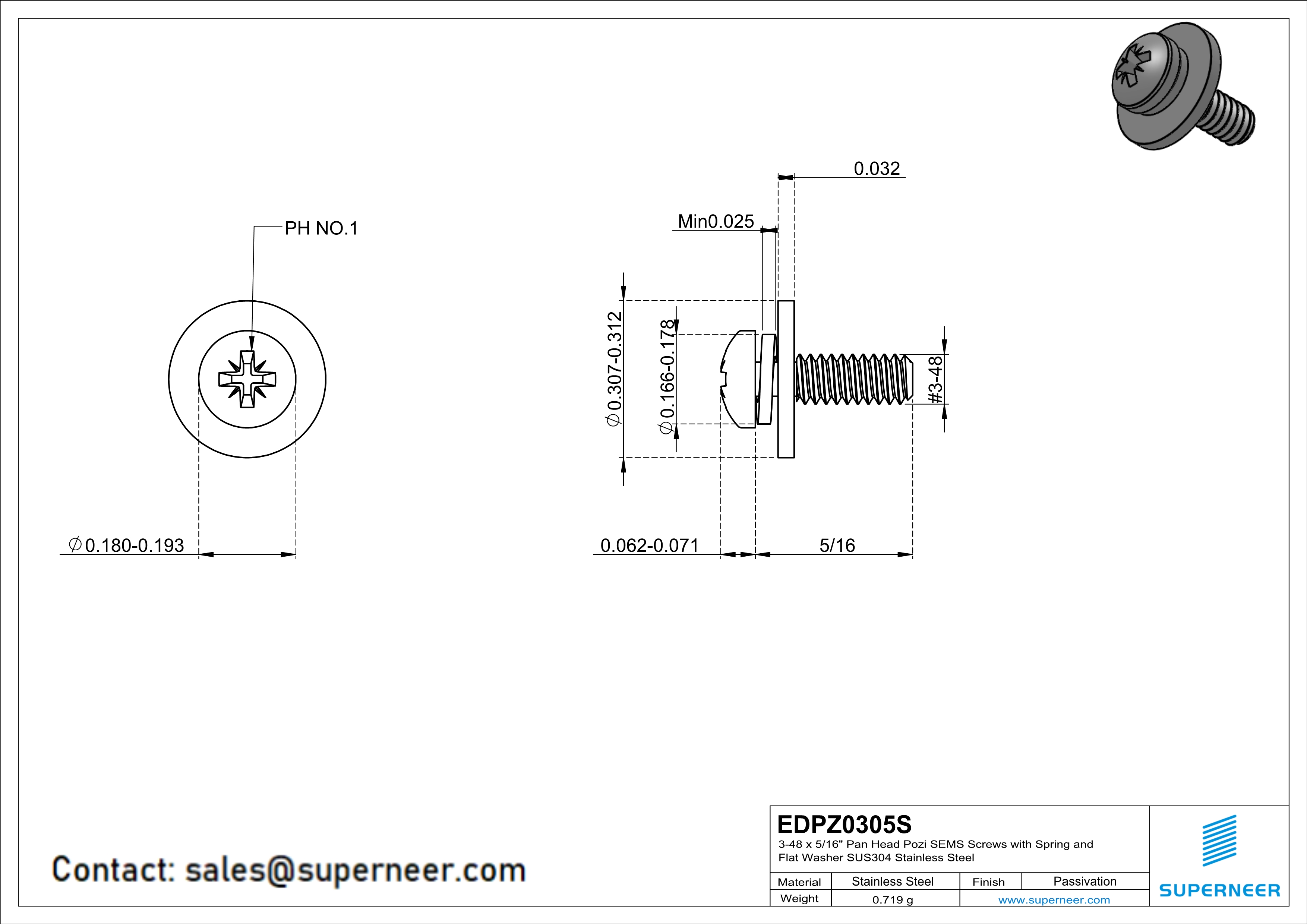 3-48 x 5/16" Pan Head Pozi SEMS Screws with Spring and Flat Washer SUS304 Stainless Steel Inox