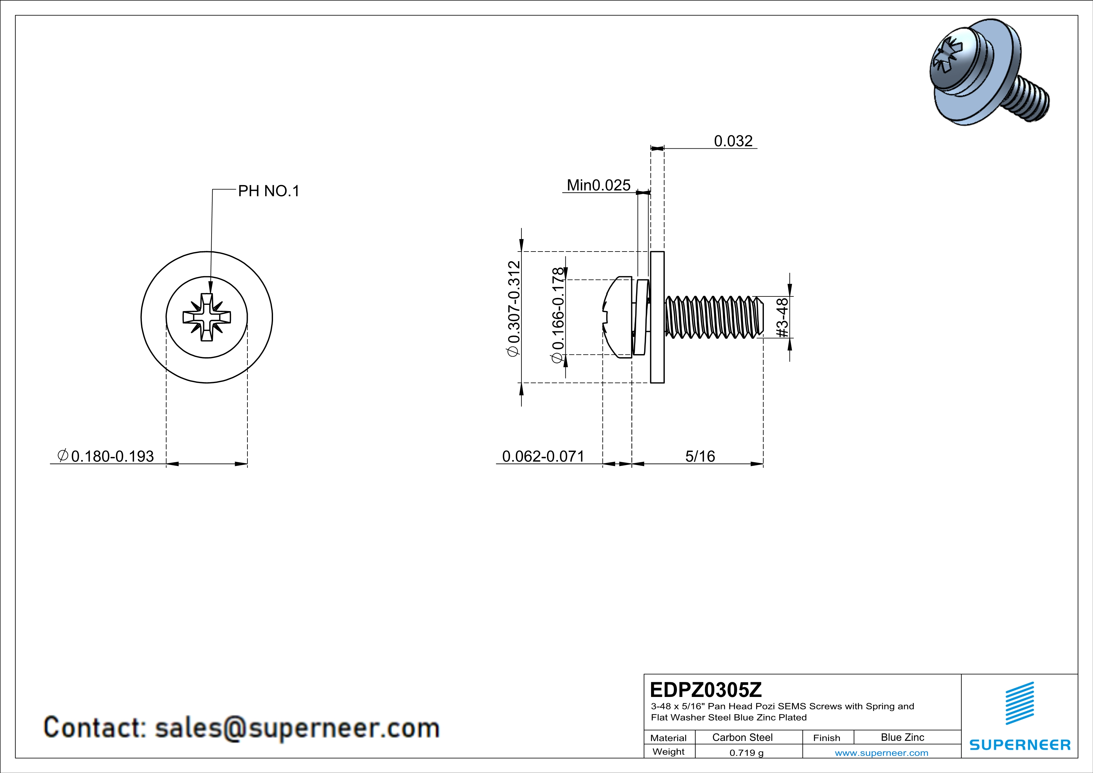 3-48 x 5/16" Pan Head Pozi SEMS Screws with Spring and Flat Washer Steel Blue Zinc Plated