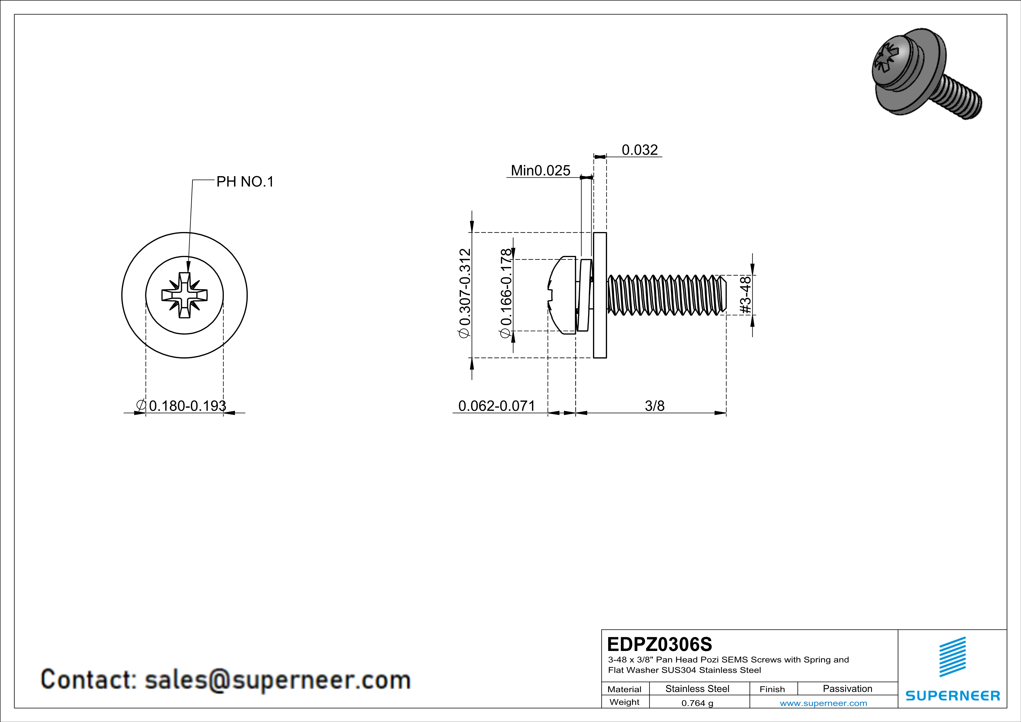 3-48 x 3/8" Pan Head Pozi SEMS Screws with Spring and Flat Washer SUS304 Stainless Steel Inox