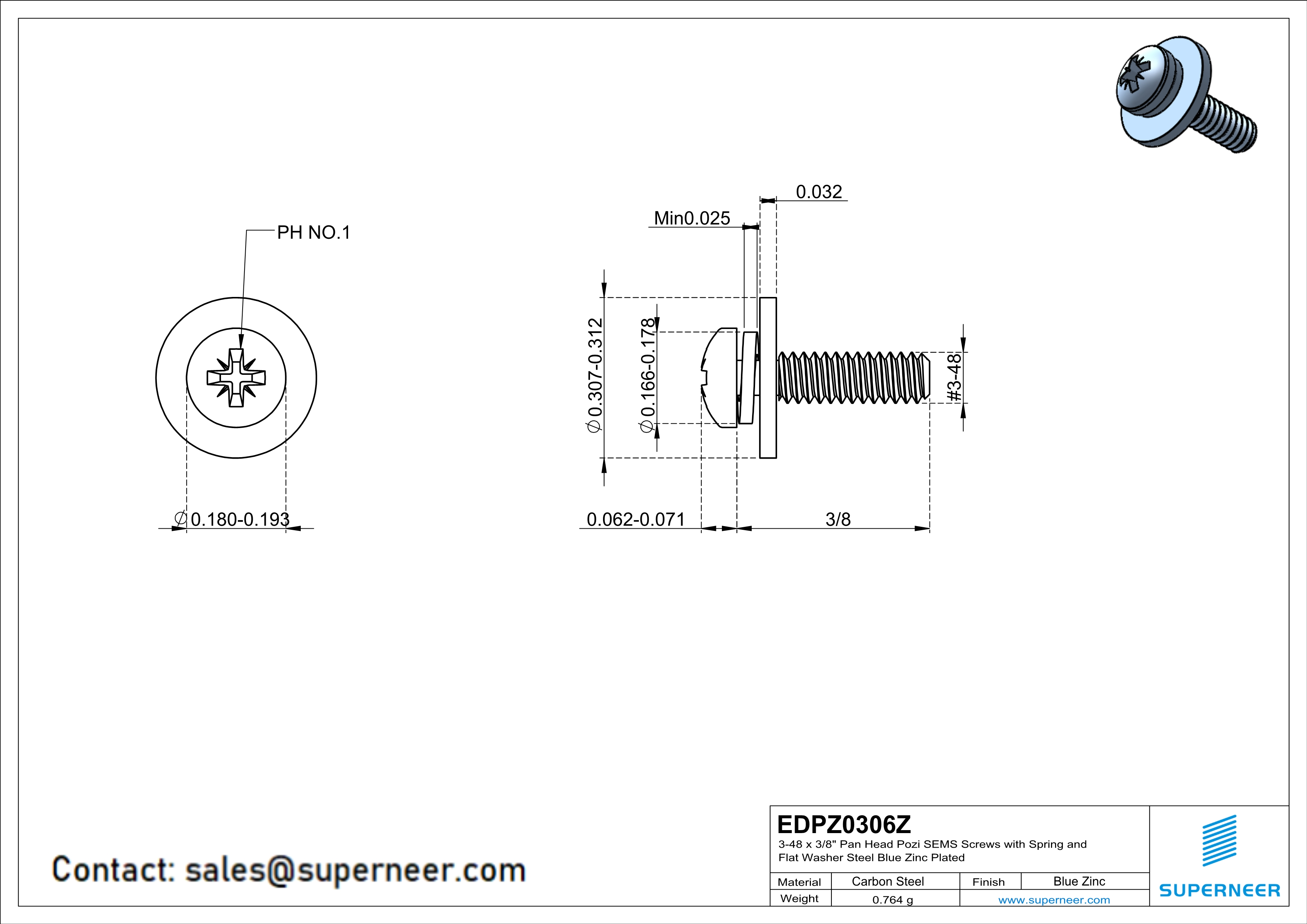 3-48 x 3/8" Pan Head Pozi SEMS Screws with Spring and Flat Washer Steel Blue Zinc Plated