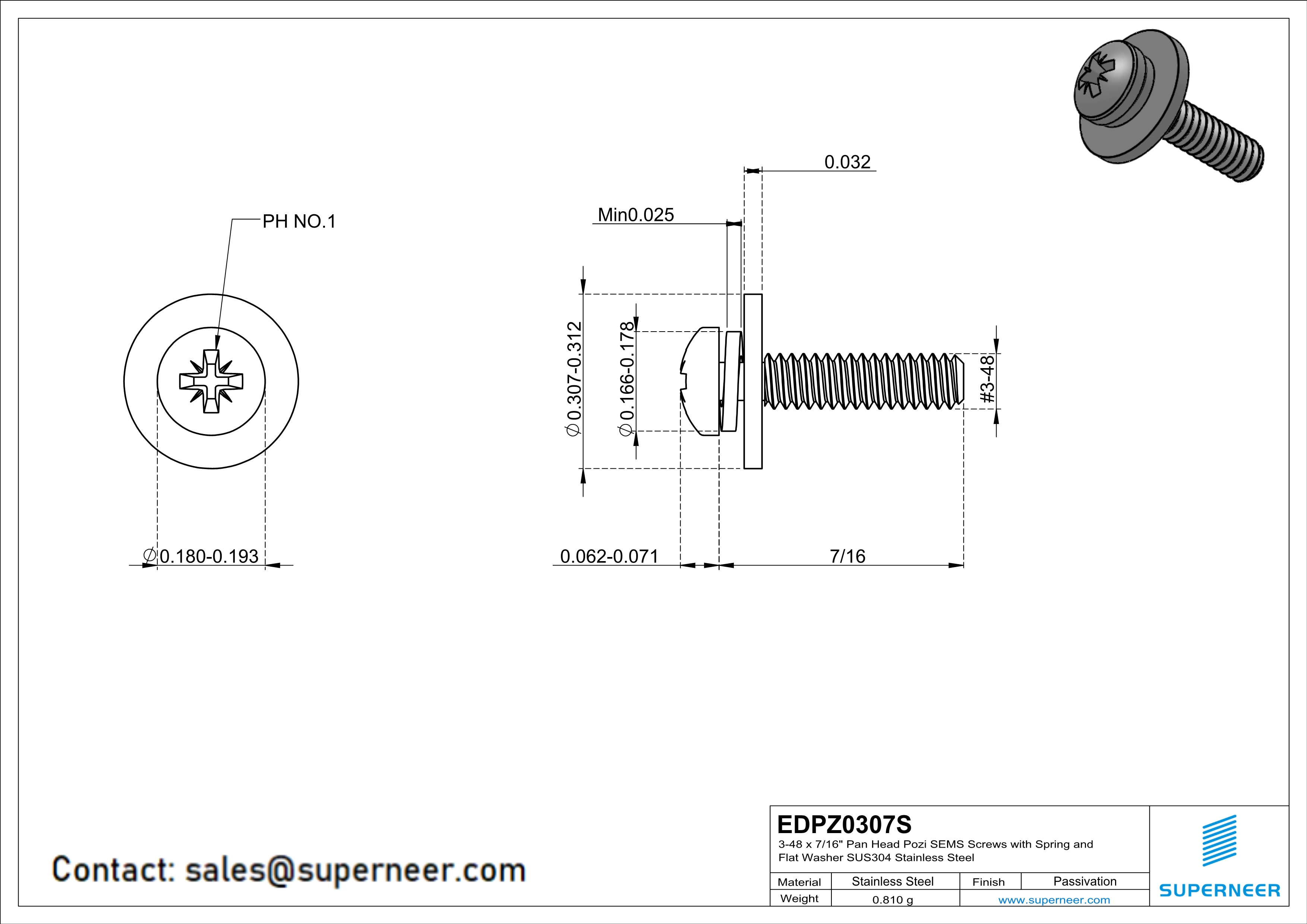 3-48 x 7/16" Pan Head Pozi SEMS Screws with Spring and Flat Washer SUS304 Stainless Steel Inox