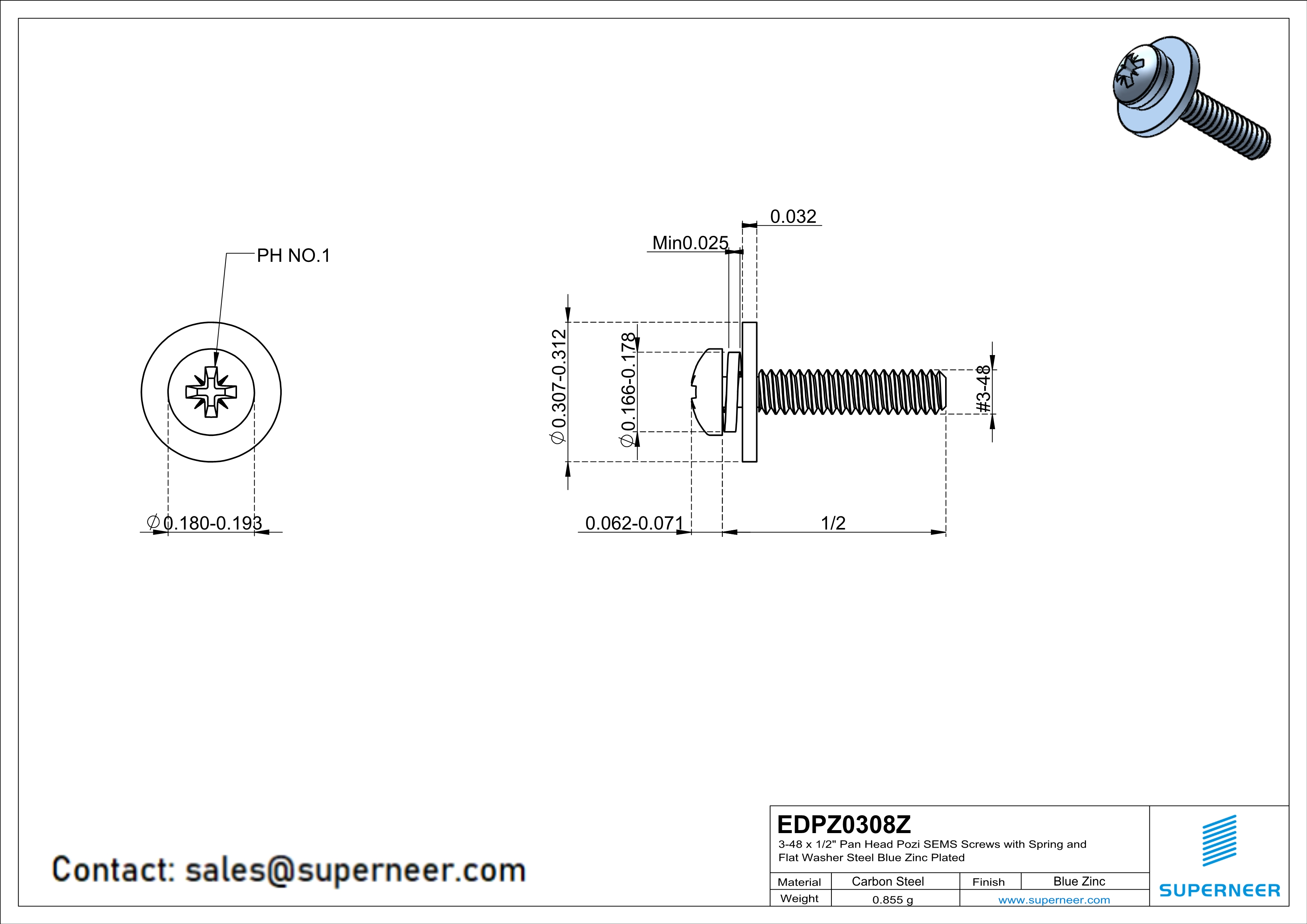 3-48 x 1/2" Pan Head Pozi SEMS Screws with Spring and Flat Washer Steel Blue Zinc Plated