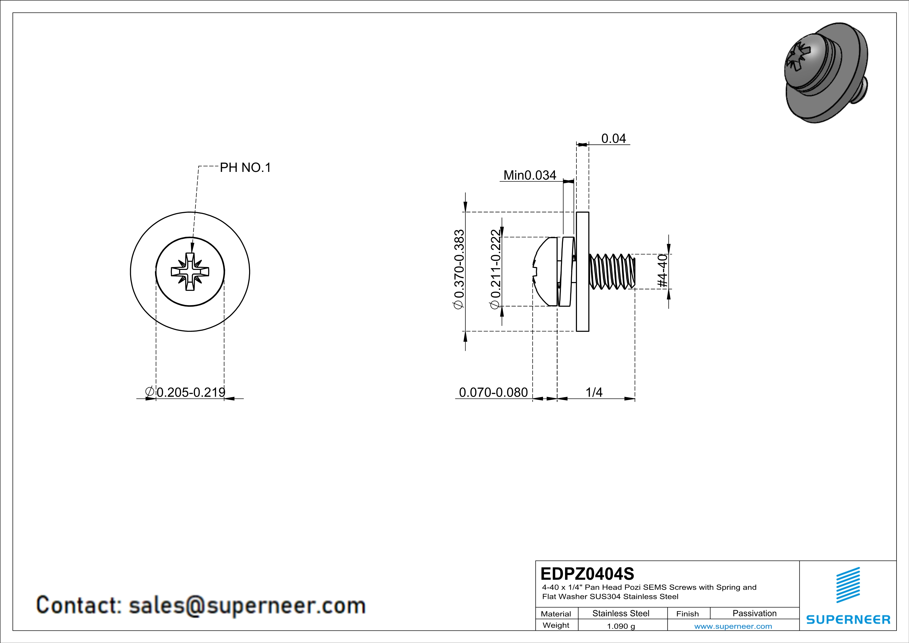 4-40 x 1/4" Pan Head Pozi SEMS Screws with Spring and Flat Washer SUS304 Stainless Steel Inox