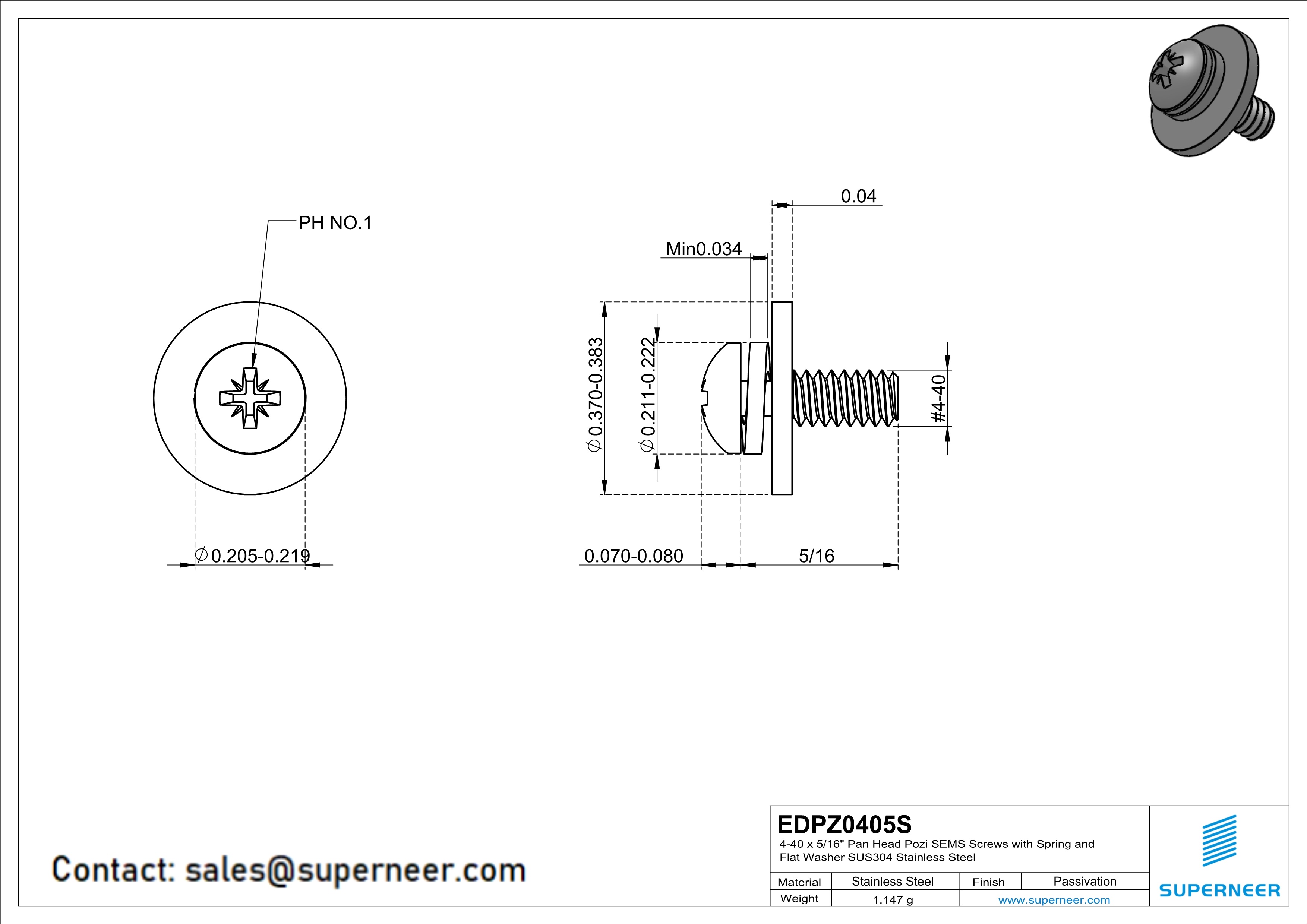 4-40 x 5/16" Pan Head Pozi SEMS Screws with Spring and Flat Washer SUS304 Stainless Steel Inox