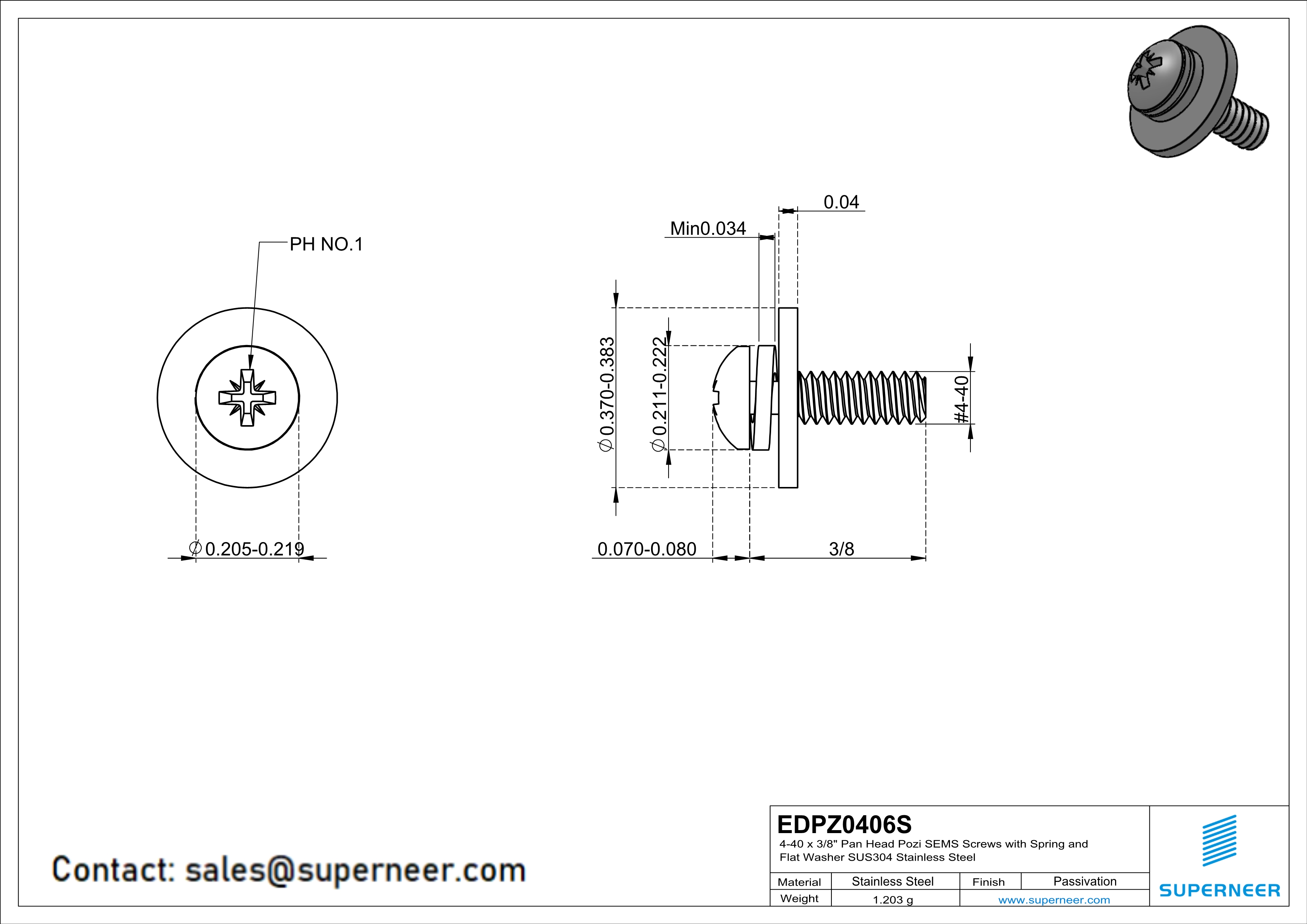 4-40 x 3/8" Pan Head Pozi SEMS Screws with Spring and Flat Washer SUS304 Stainless Steel Inox