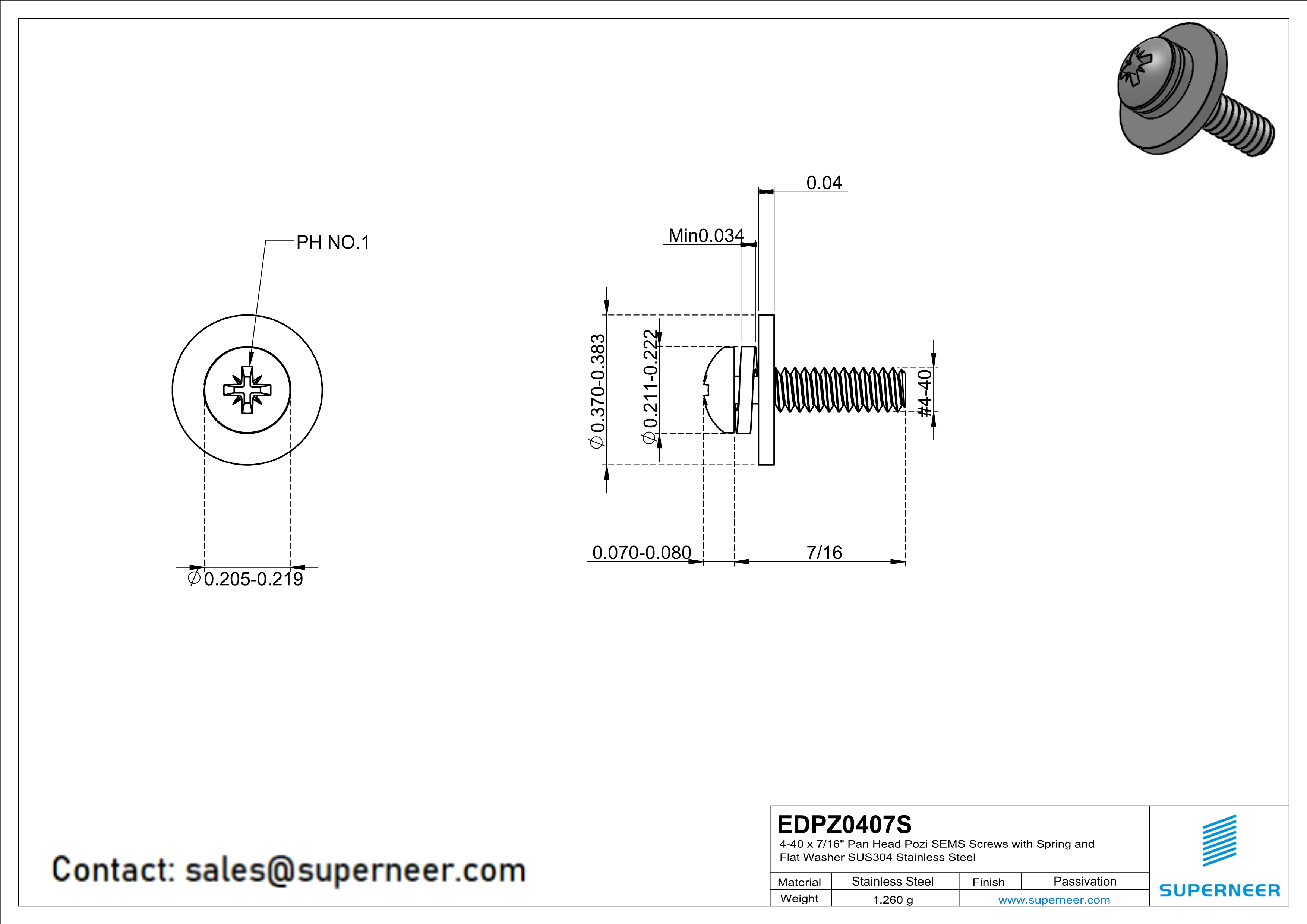 4-40 x 7/16" Pan Head Pozi SEMS Screws with Spring and Flat Washer SUS304 Stainless Steel Inox