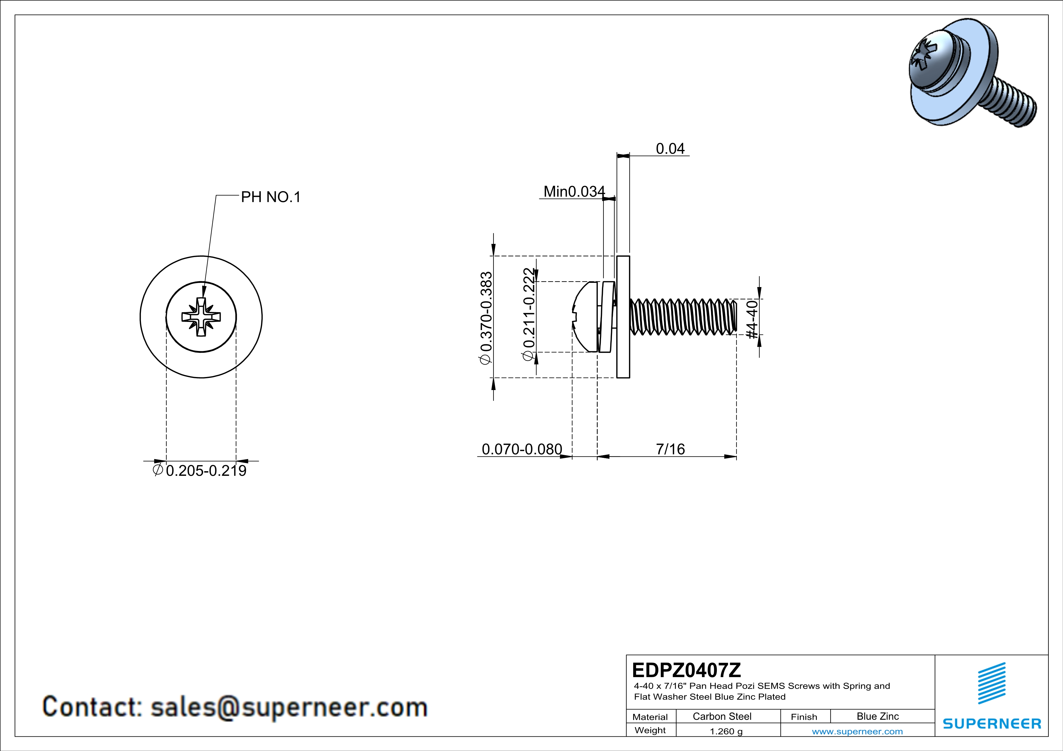 4-40 x 7/16" Pan Head Pozi SEMS Screws with Spring and Flat Washer Steel Blue Zinc Plated