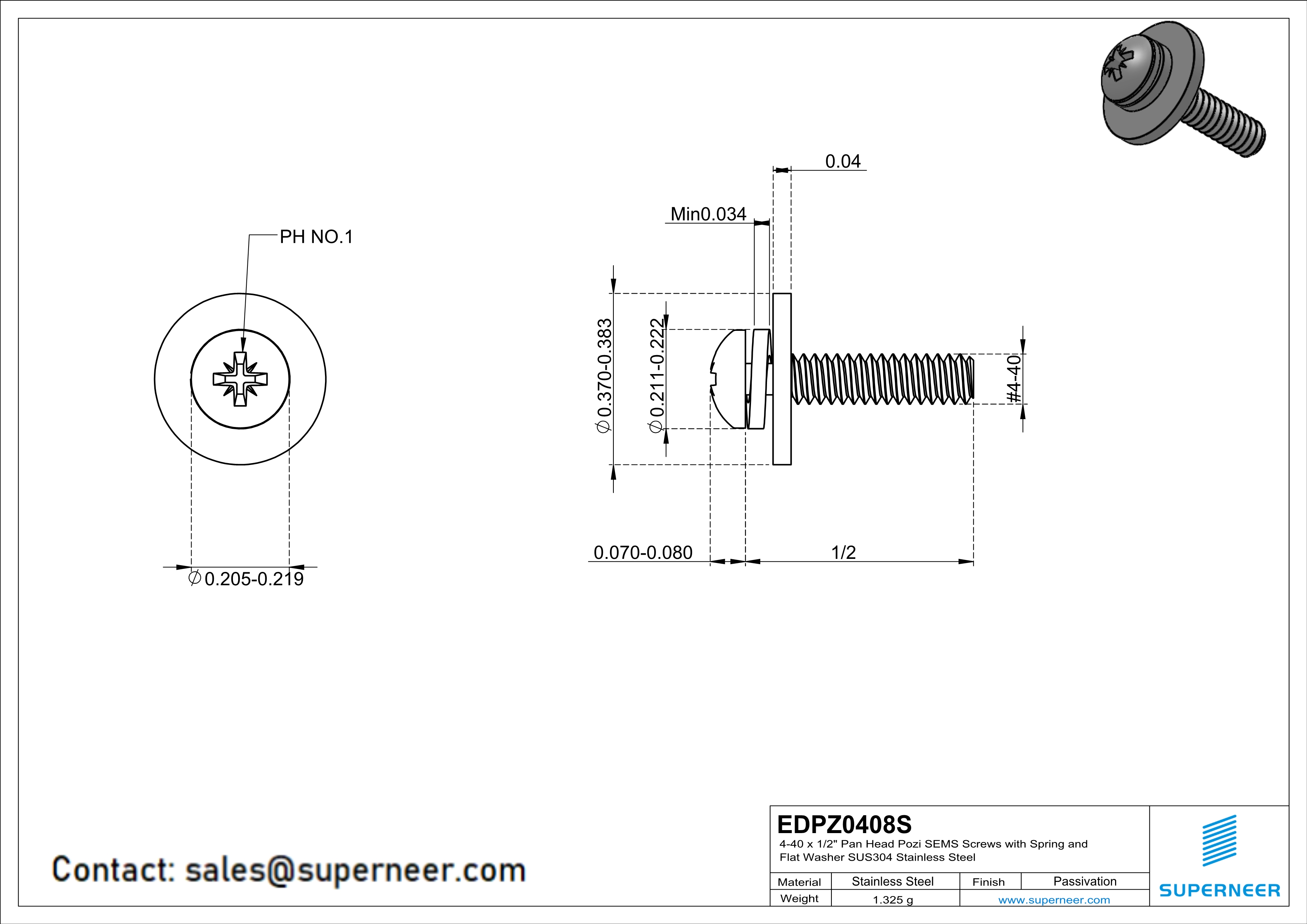 4-40 x 1/2" Pan Head Pozi SEMS Screws with Spring and Flat Washer SUS304 Stainless Steel Inox