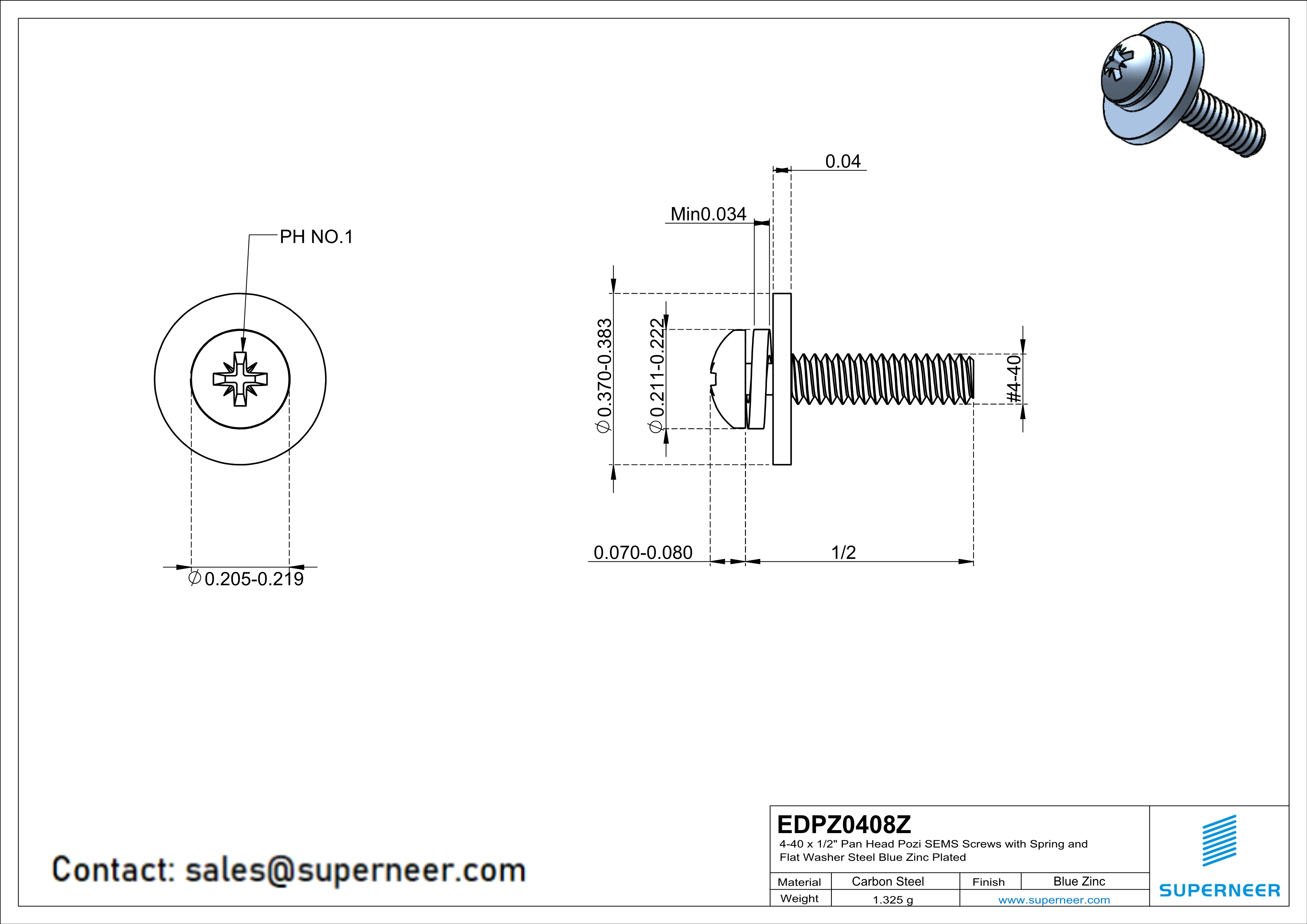 4-40 x 1/2" Pan Head Pozi SEMS Screws with Spring and Flat Washer Steel Blue Zinc Plated