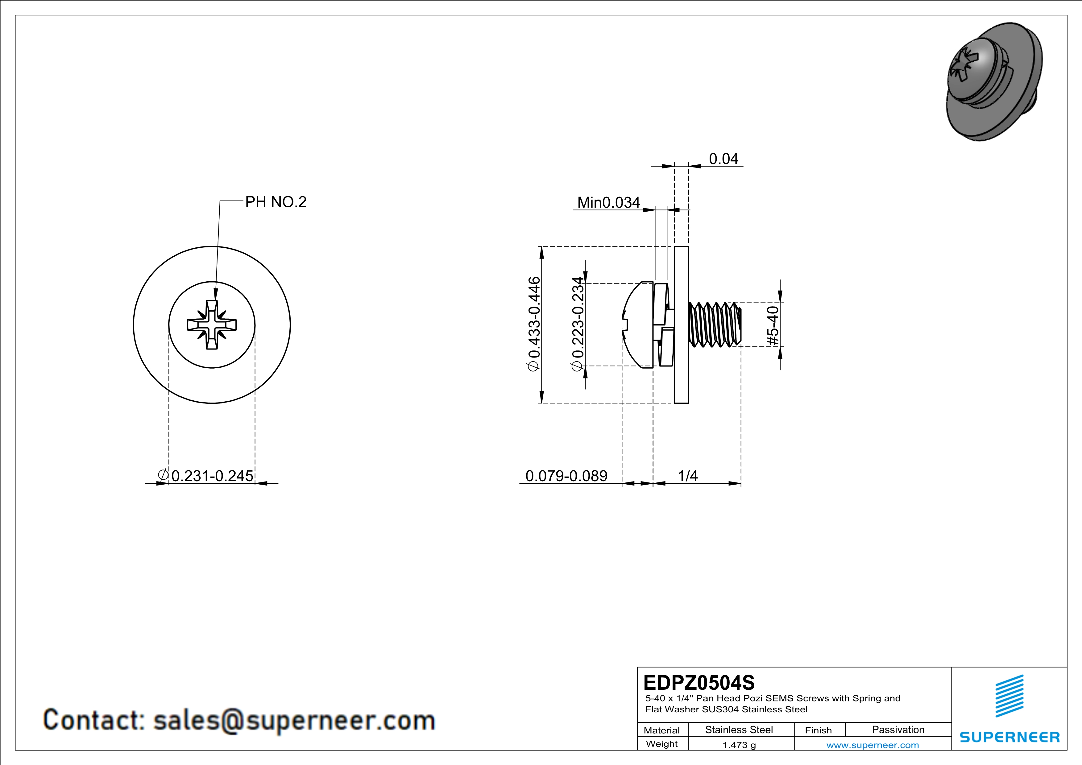 5-40 x 1/4" Pan Head Pozi SEMS Screws with Spring and Flat Washer SUS304 Stainless Steel Inox