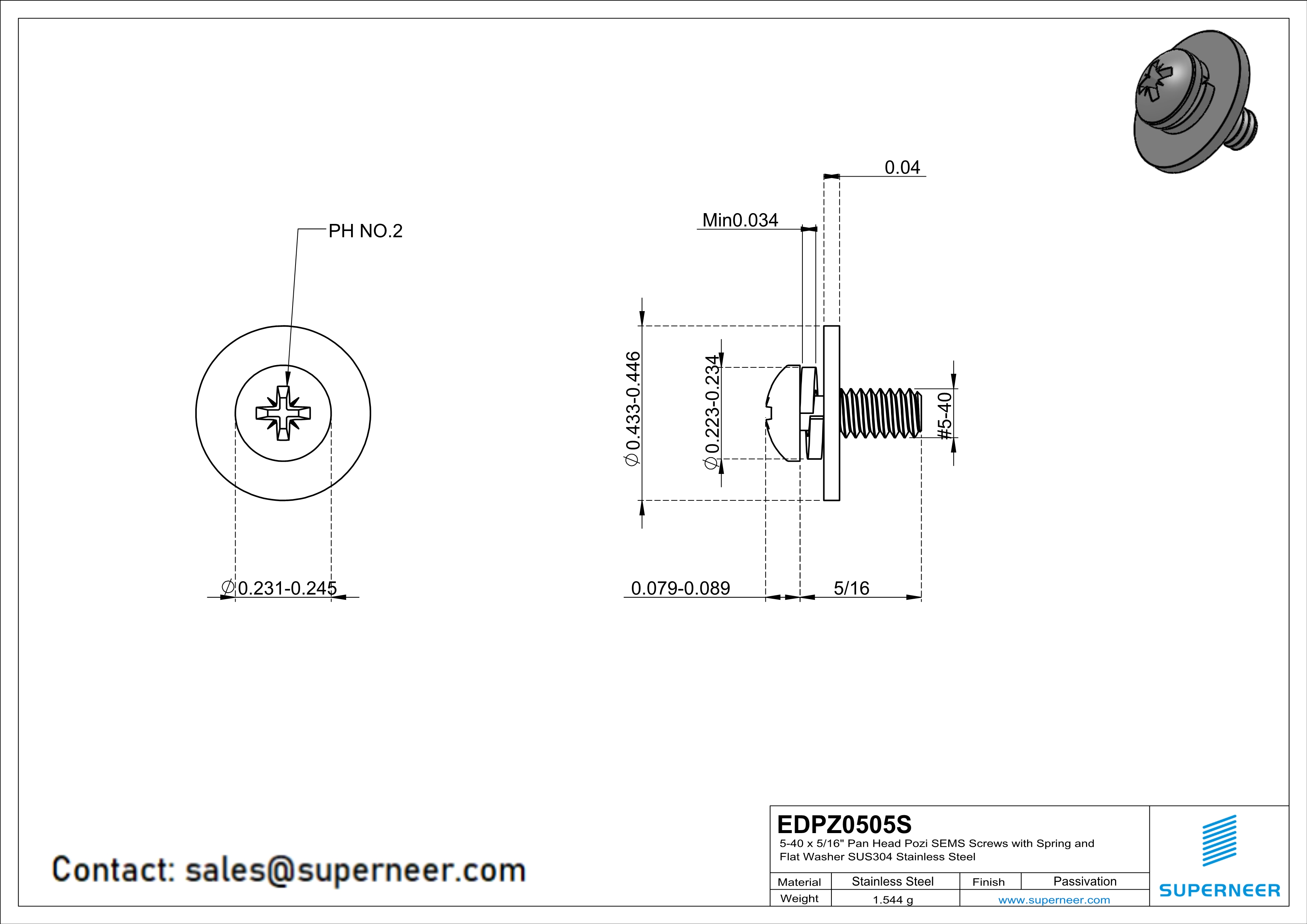 5-40 x 5/16" Pan Head Pozi SEMS Screws with Spring and Flat Washer SUS304 Stainless Steel Inox