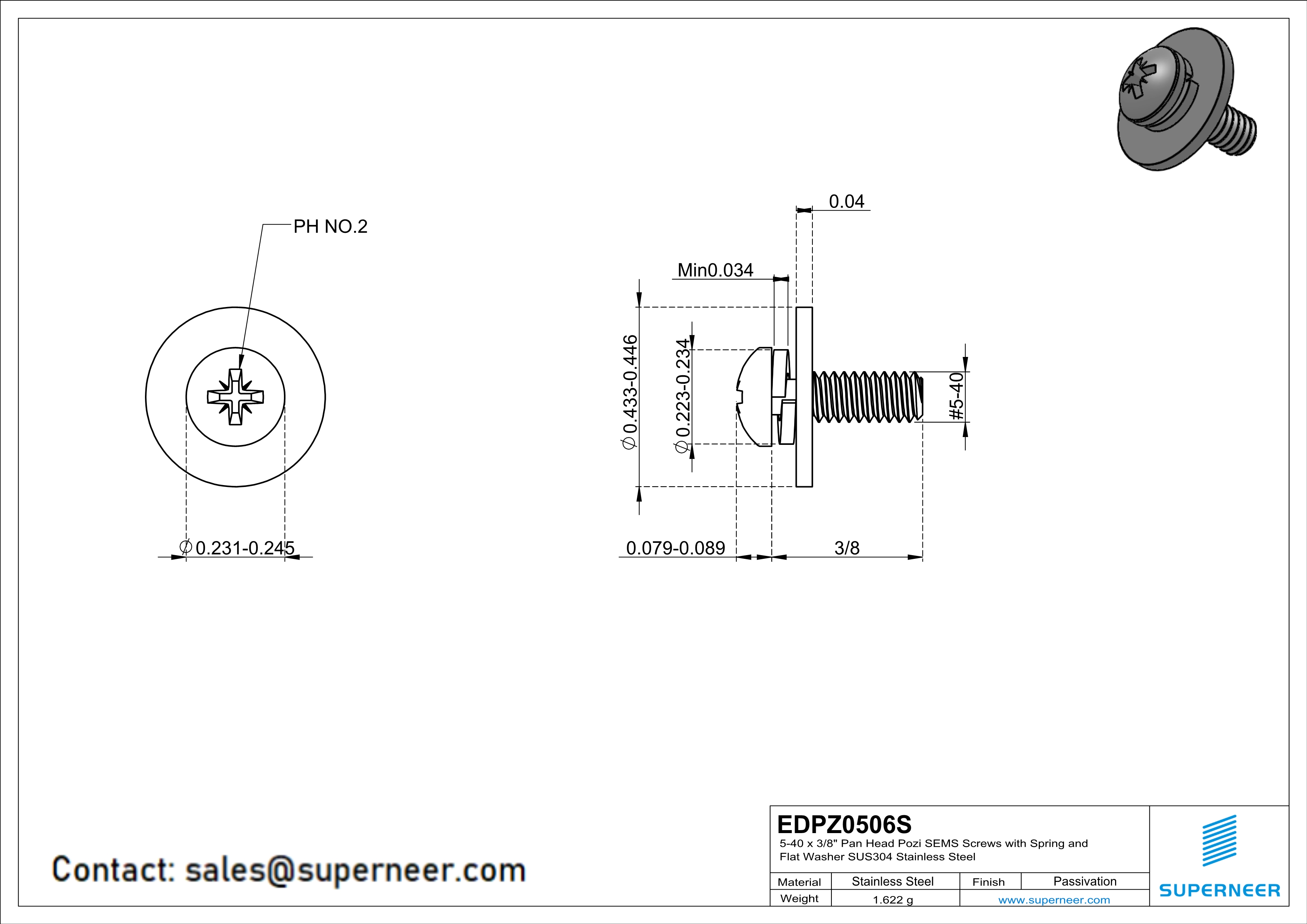 5-40 x 3/8" Pan Head Pozi SEMS Screws with Spring and Flat Washer SUS304 Stainless Steel Inox