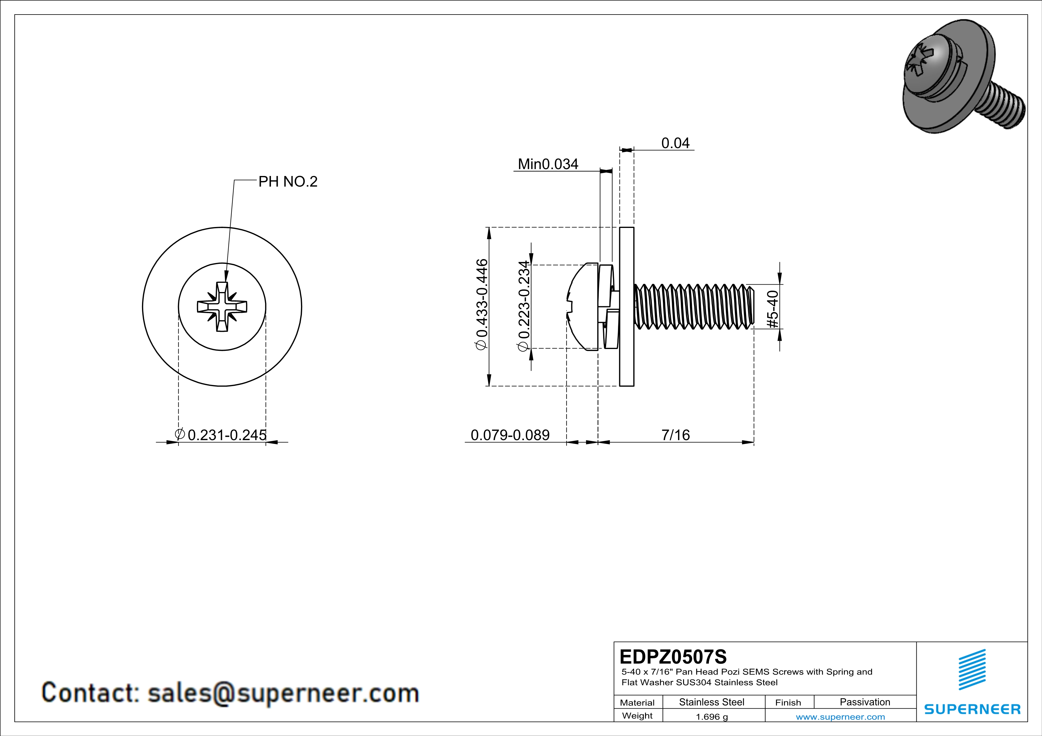 5-40 x 7/16" Pan Head Pozi SEMS Screws with Spring and Flat Washer SUS304 Stainless Steel Inox