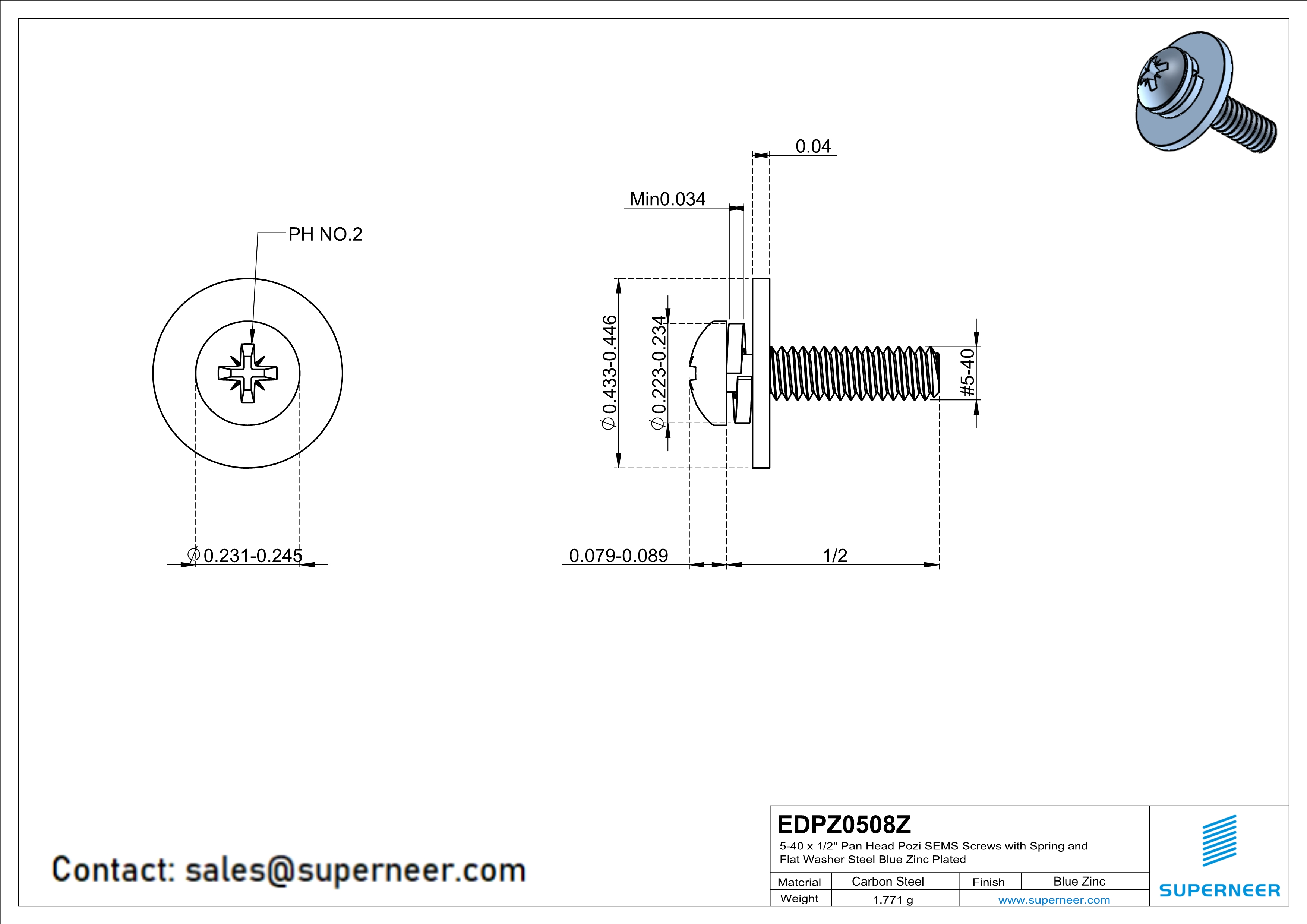 5-40 x 1/2" Pan Head Pozi SEMS Screws with Spring and Flat Washer Steel Blue Zinc Plated