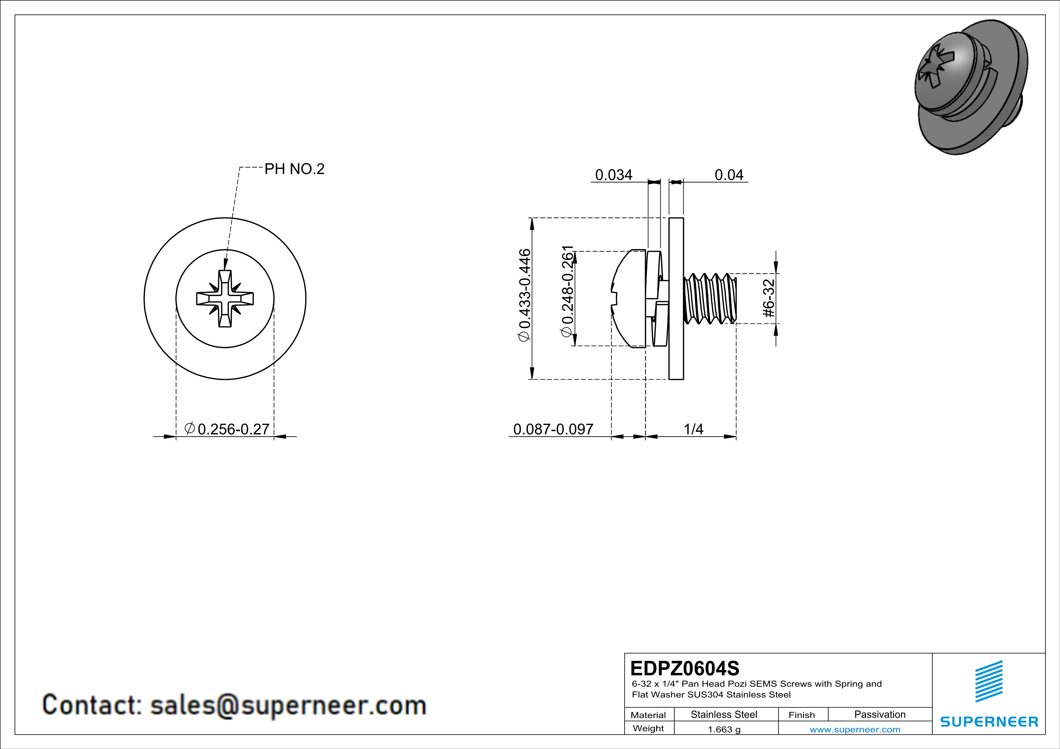 6-32 x 1/4" Pan Head Pozi SEMS Screws with Spring and Flat Washer SUS304 Stainless Steel Inox