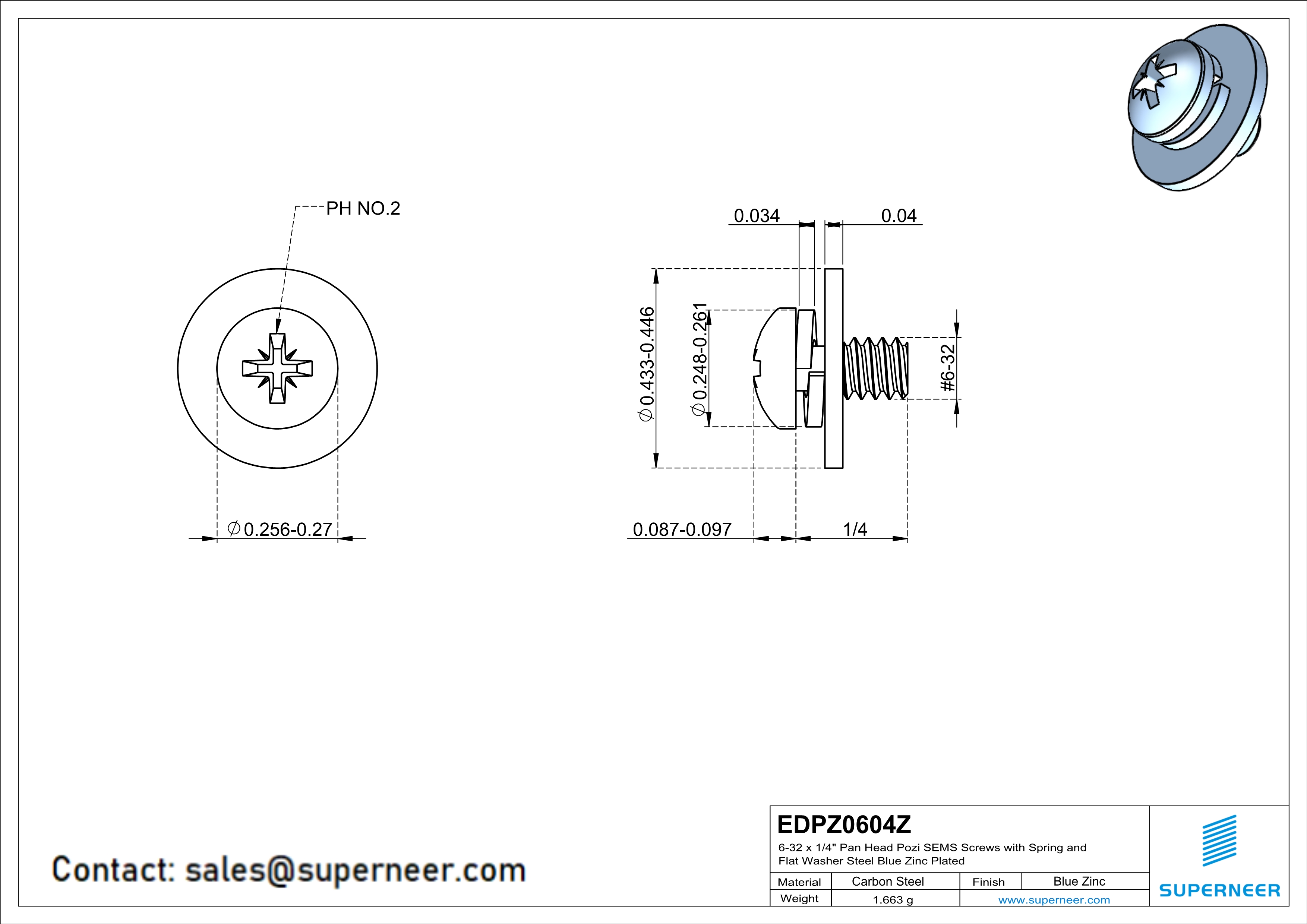 6-32 x 1/4" Pan Head Pozi SEMS Screws with Spring and Flat Washer Steel Blue Zinc Plated