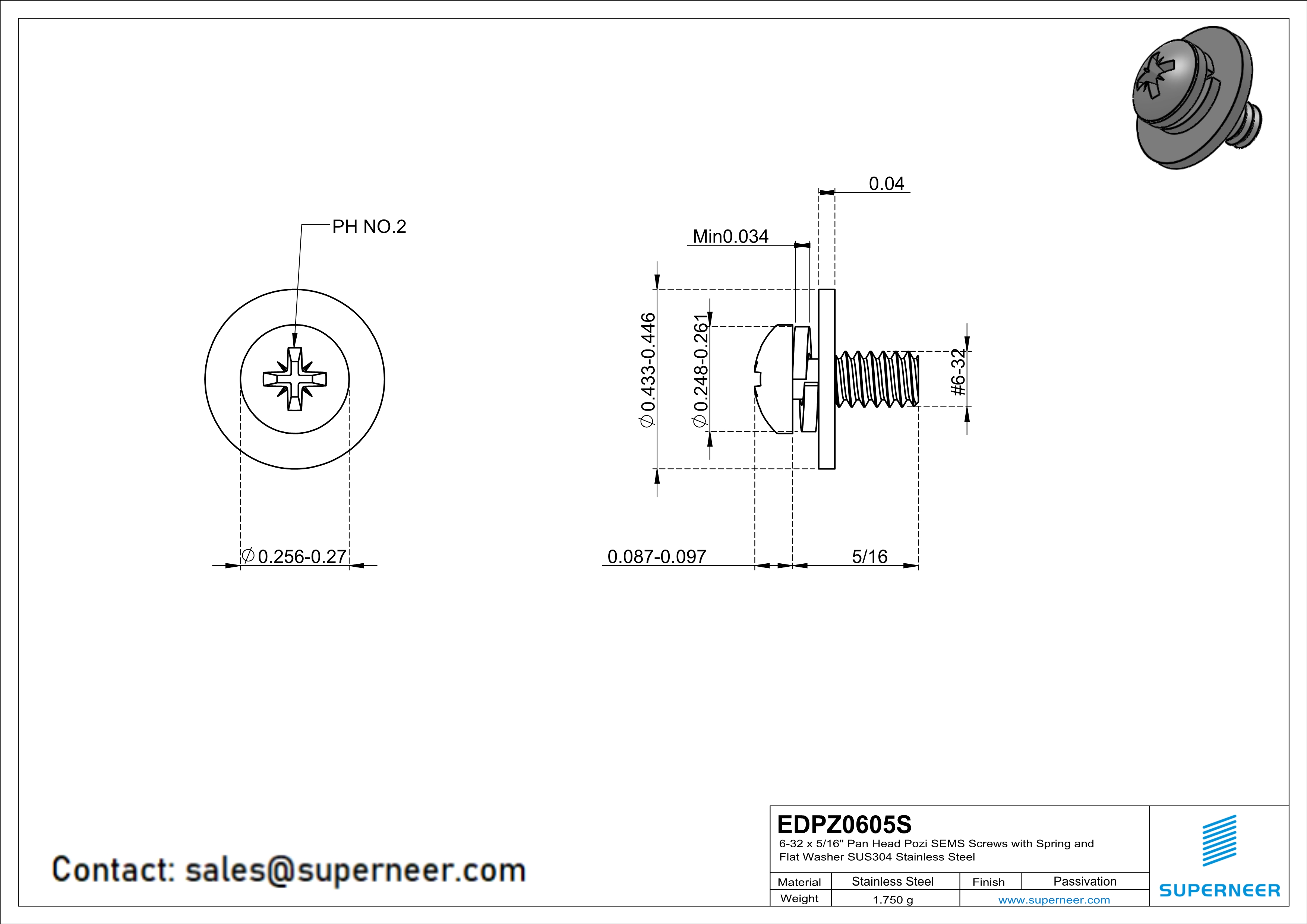 6-32 x 5/16" Pan Head Pozi SEMS Screws with Spring and Flat Washer SUS304 Stainless Steel Inox