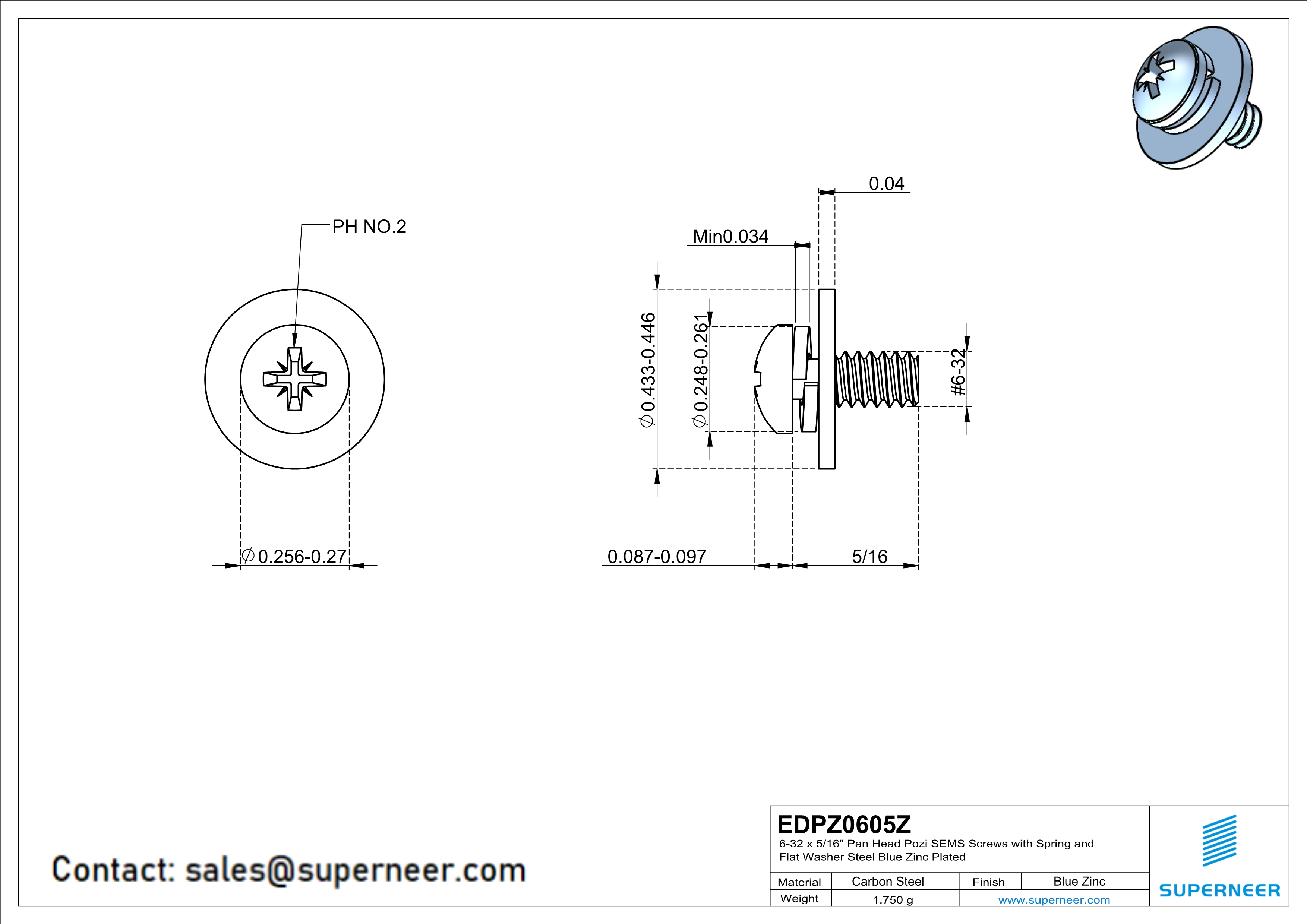 6-32 x 5/16" Pan Head Pozi SEMS Screws with Spring and Flat Washer Steel Blue Zinc Plated