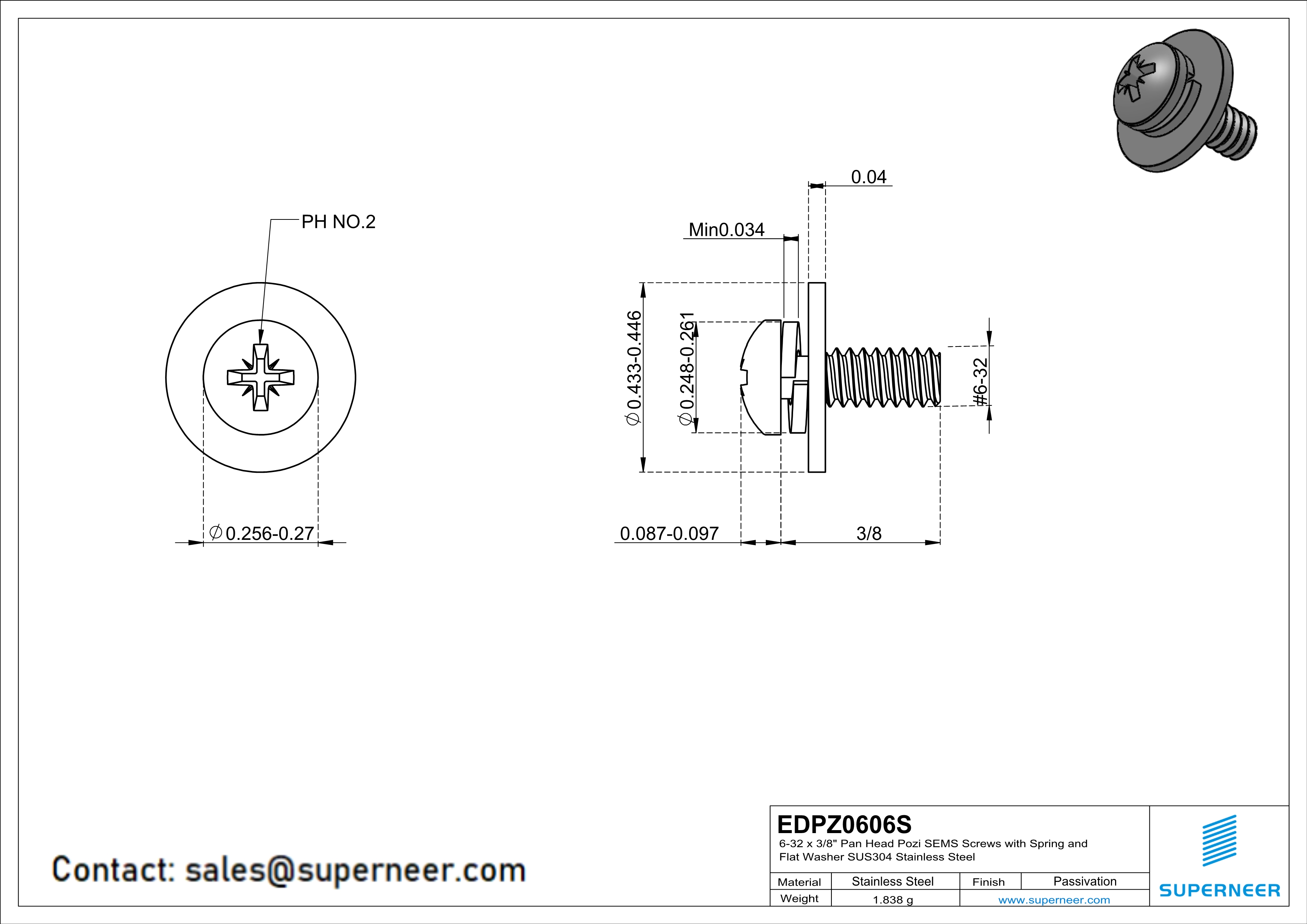 6-32 x 3/8" Pan Head Pozi SEMS Screws with Spring and Flat Washer SUS304 Stainless Steel Inox