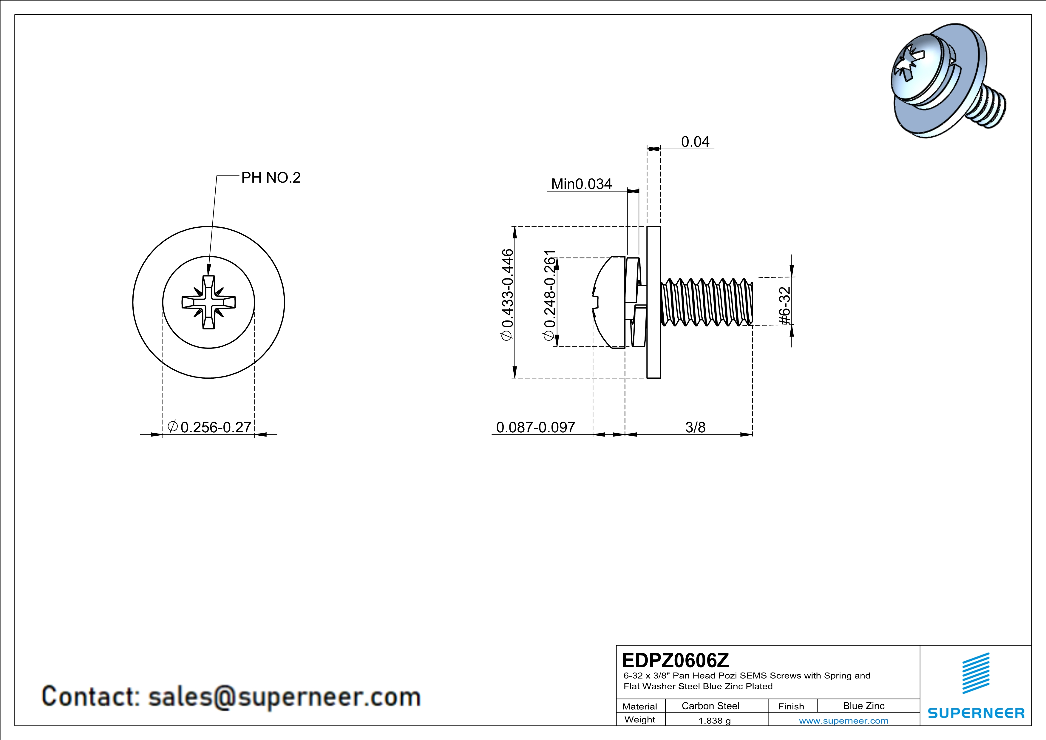 6-32 x 3/8" Pan Head Pozi SEMS Screws with Spring and Flat Washer Steel Blue Zinc Plated