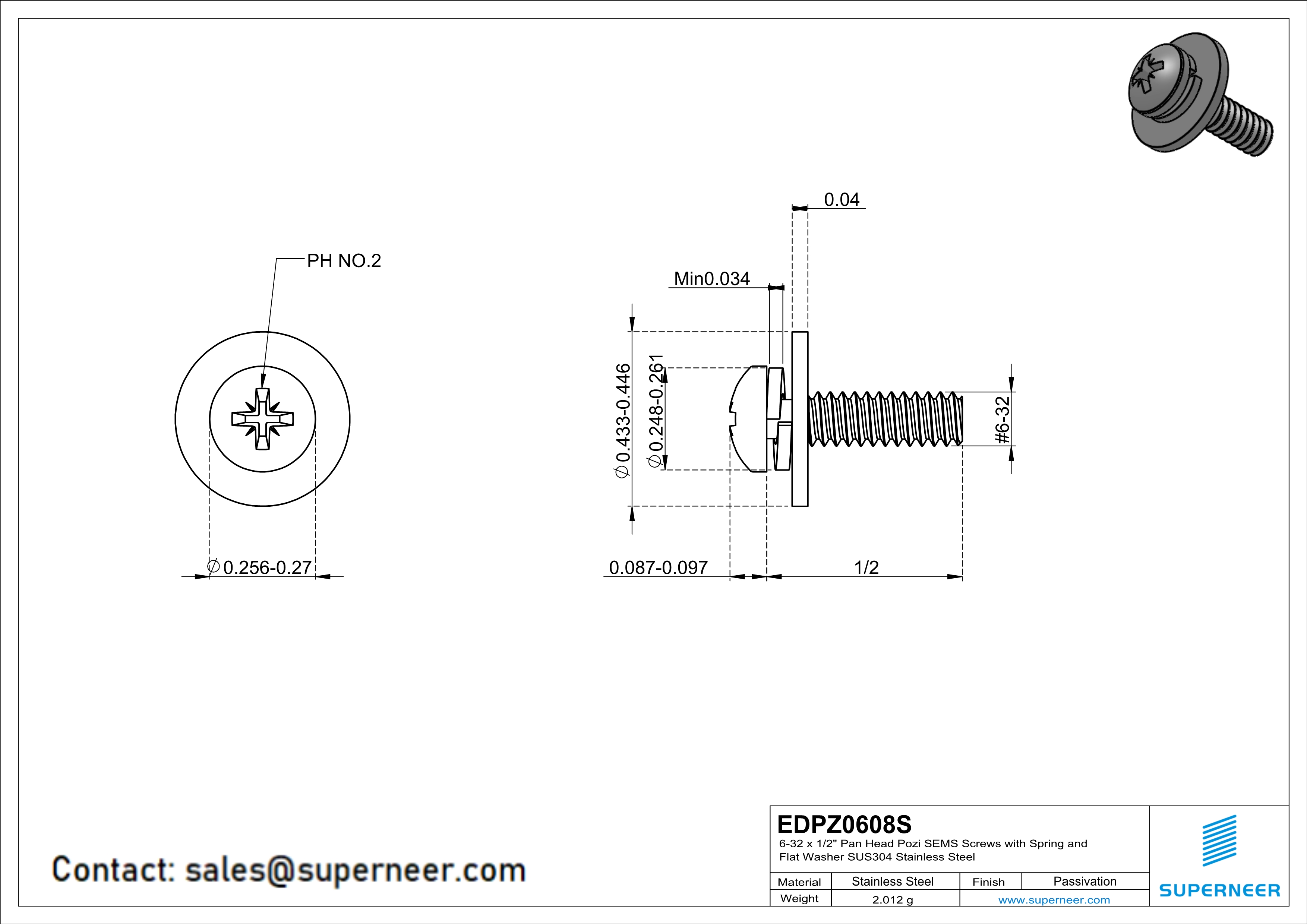 6-32 x 1/2" Pan Head Pozi SEMS Screws with Spring and Flat Washer SUS304 Stainless Steel Inox