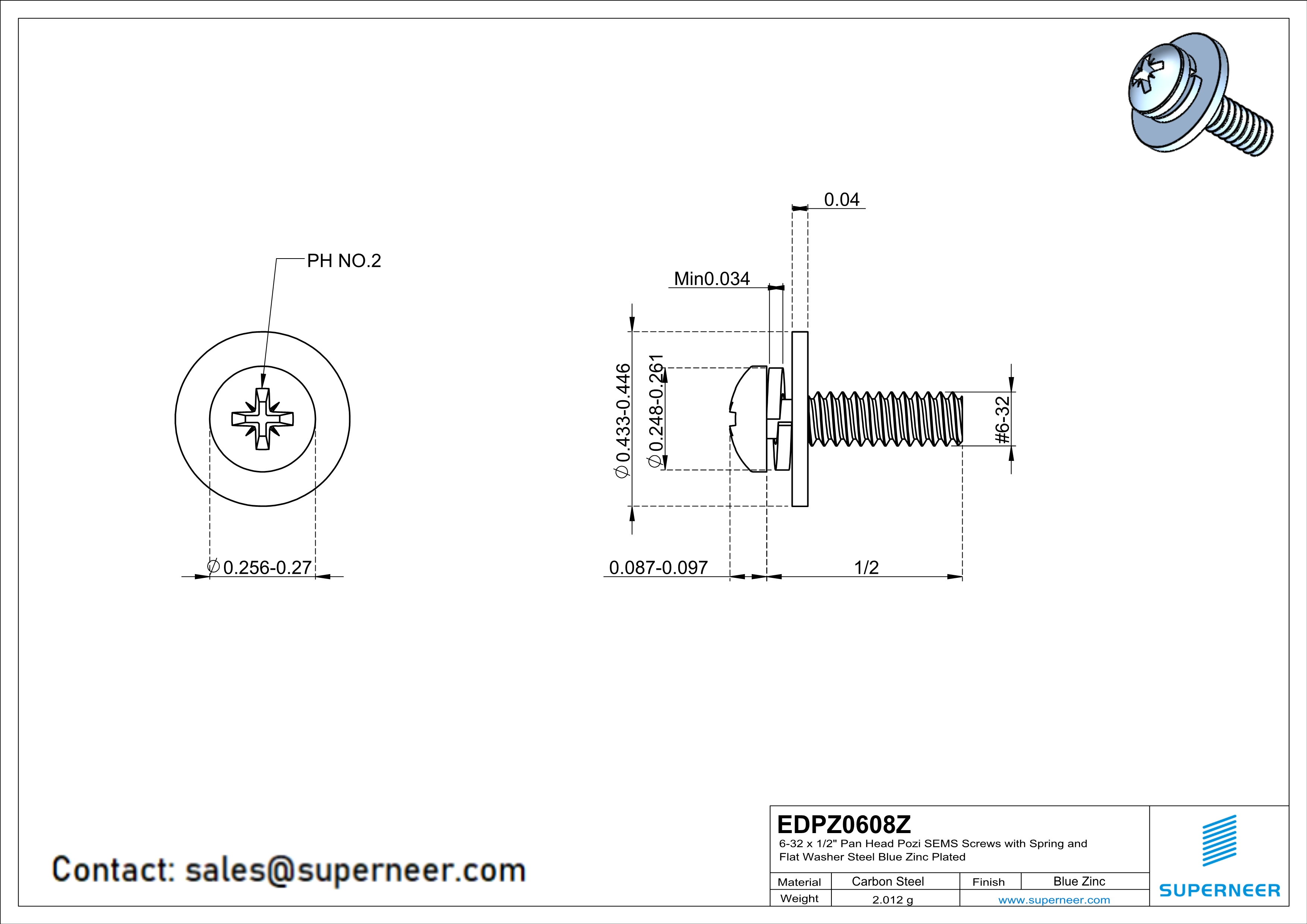 6-32 x 1/2" Pan Head Pozi SEMS Screws with Spring and Flat Washer Steel Blue Zinc Plated