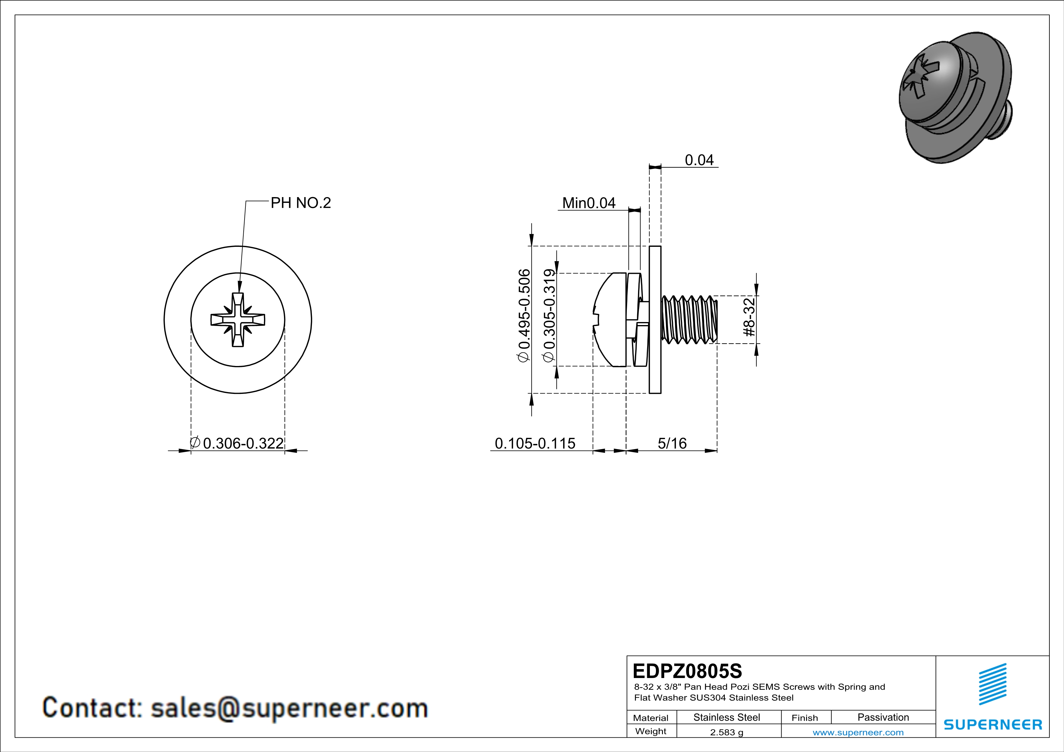 8-32 x 5/16" Pan Head Pozi SEMS Screws with Spring and Flat Washer SUS304 Stainless Steel Inox