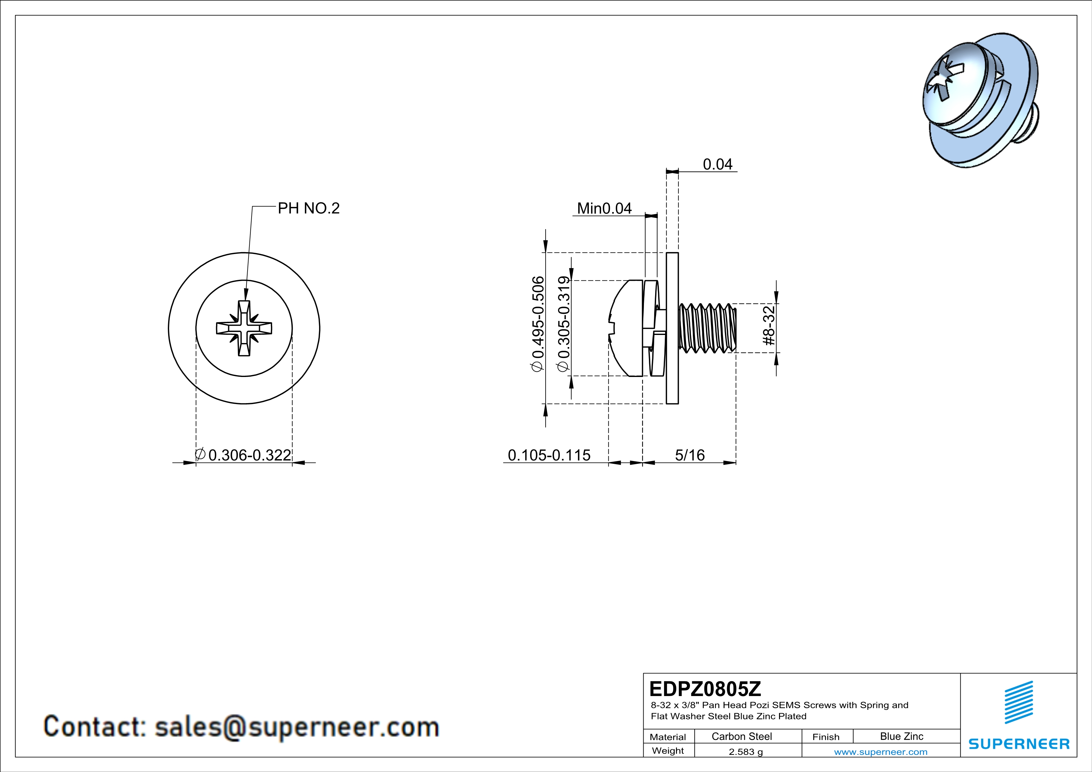 8-32 x 5/16" Pan Head Pozi SEMS Screws with Spring and Flat Washer Steel Blue Zinc Plated