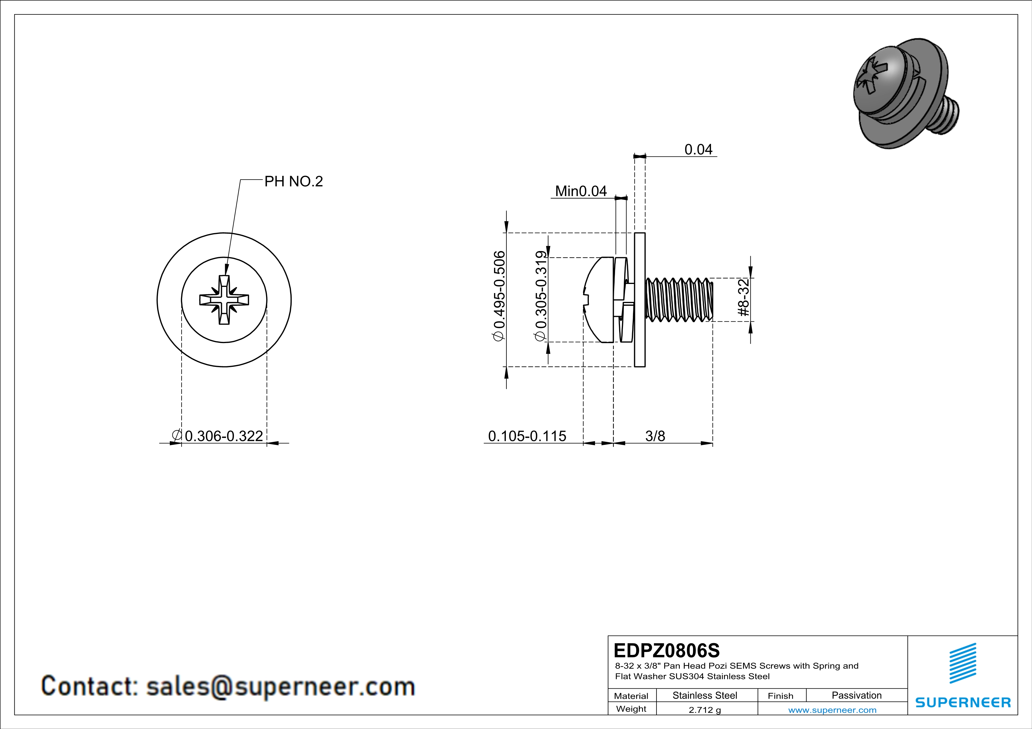 8-32 x 3/8" Pan Head Pozi SEMS Screws with Spring and Flat Washer SUS304 Stainless Steel Inox