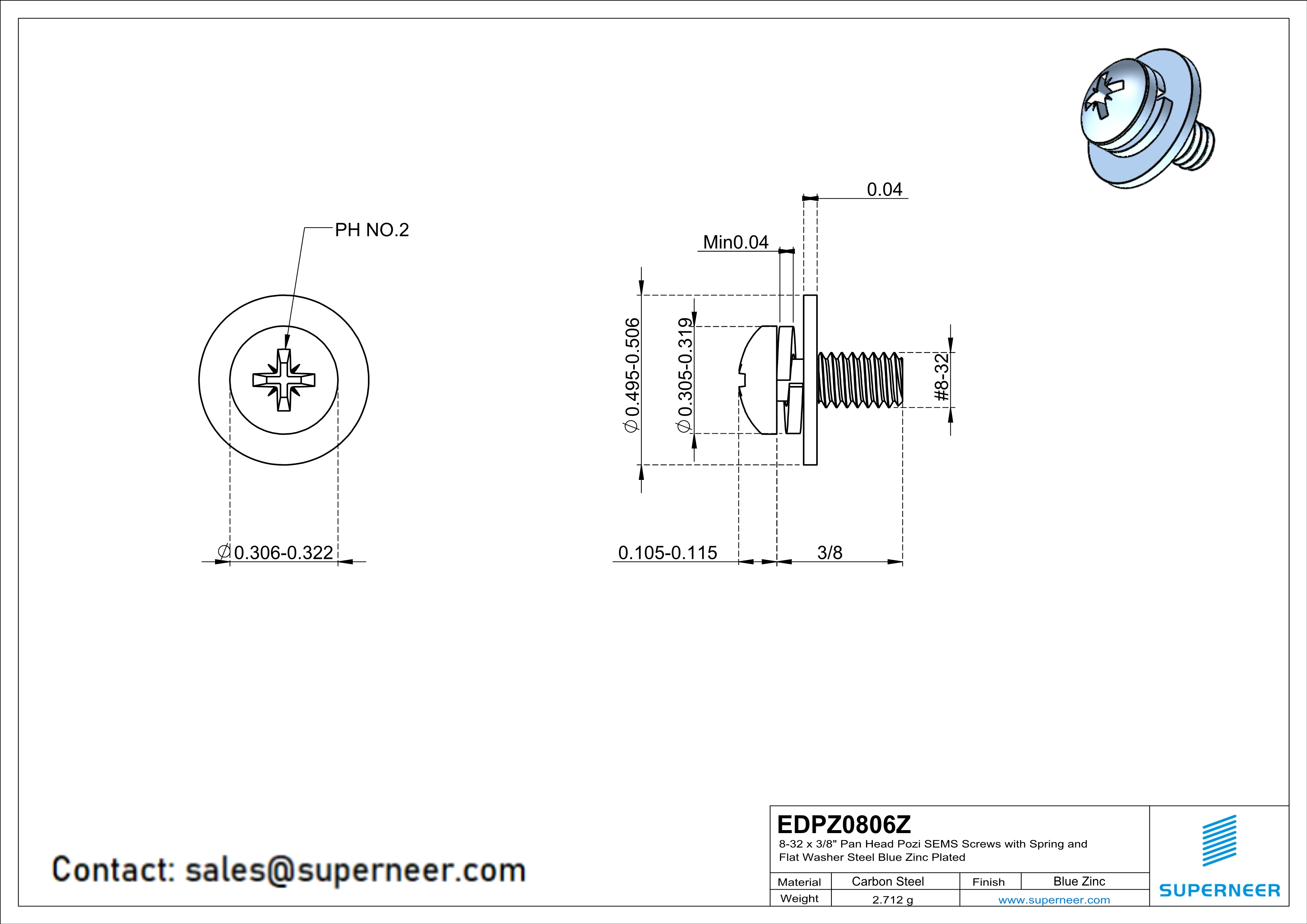 8-32 x 3/8" Pan Head Pozi SEMS Screws with Spring and Flat Washer Steel Blue Zinc Plated