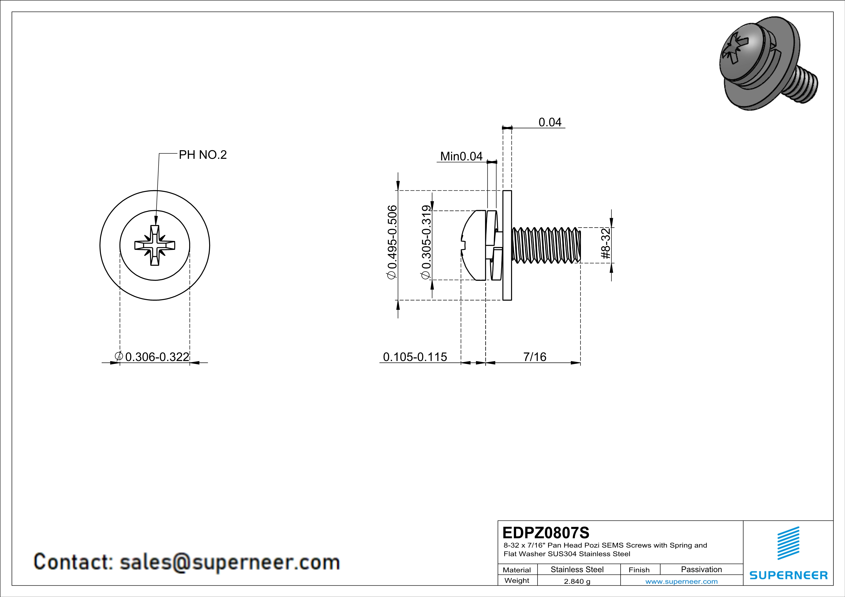 8-32 x 7/16" Pan Head Pozi SEMS Screws with Spring and Flat Washer SUS304 Stainless Steel Inox