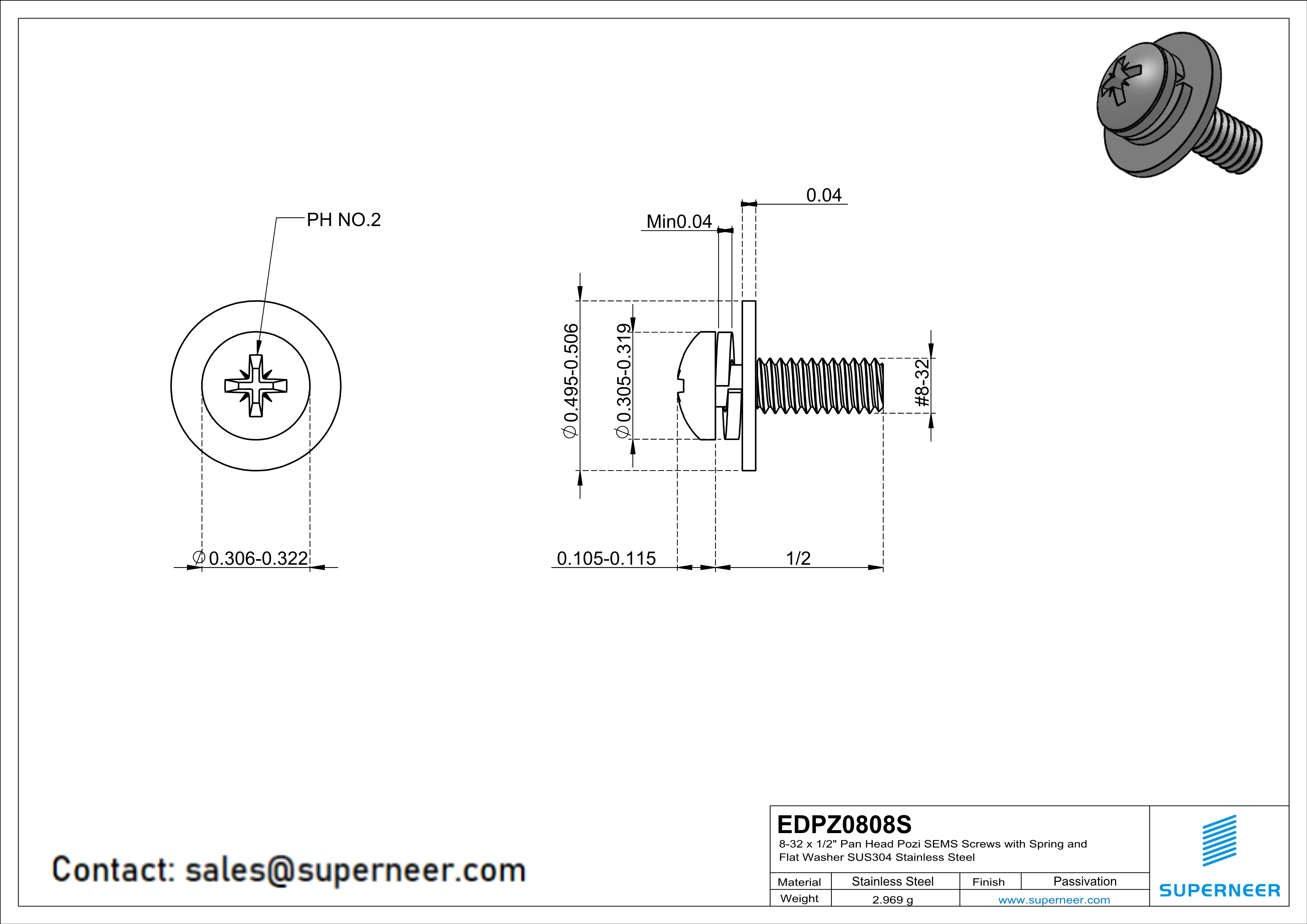 8-32 x 1/2" Pan Head Pozi SEMS Screws with Spring and Flat Washer SUS304 Stainless Steel Inox