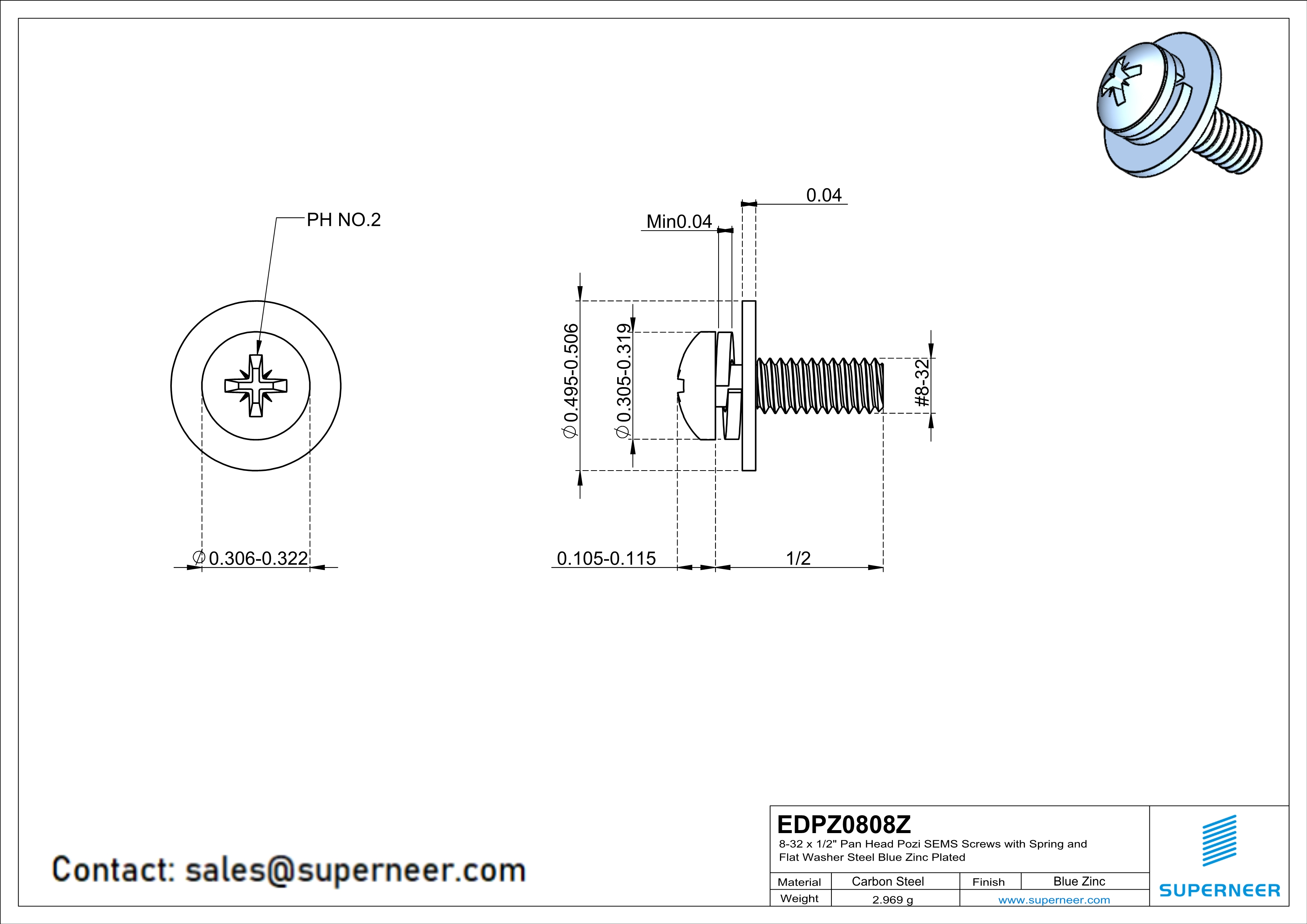 8-32 x 1/2" Pan Head Pozi SEMS Screws with Spring and Flat Washer Steel Blue Zinc Plated