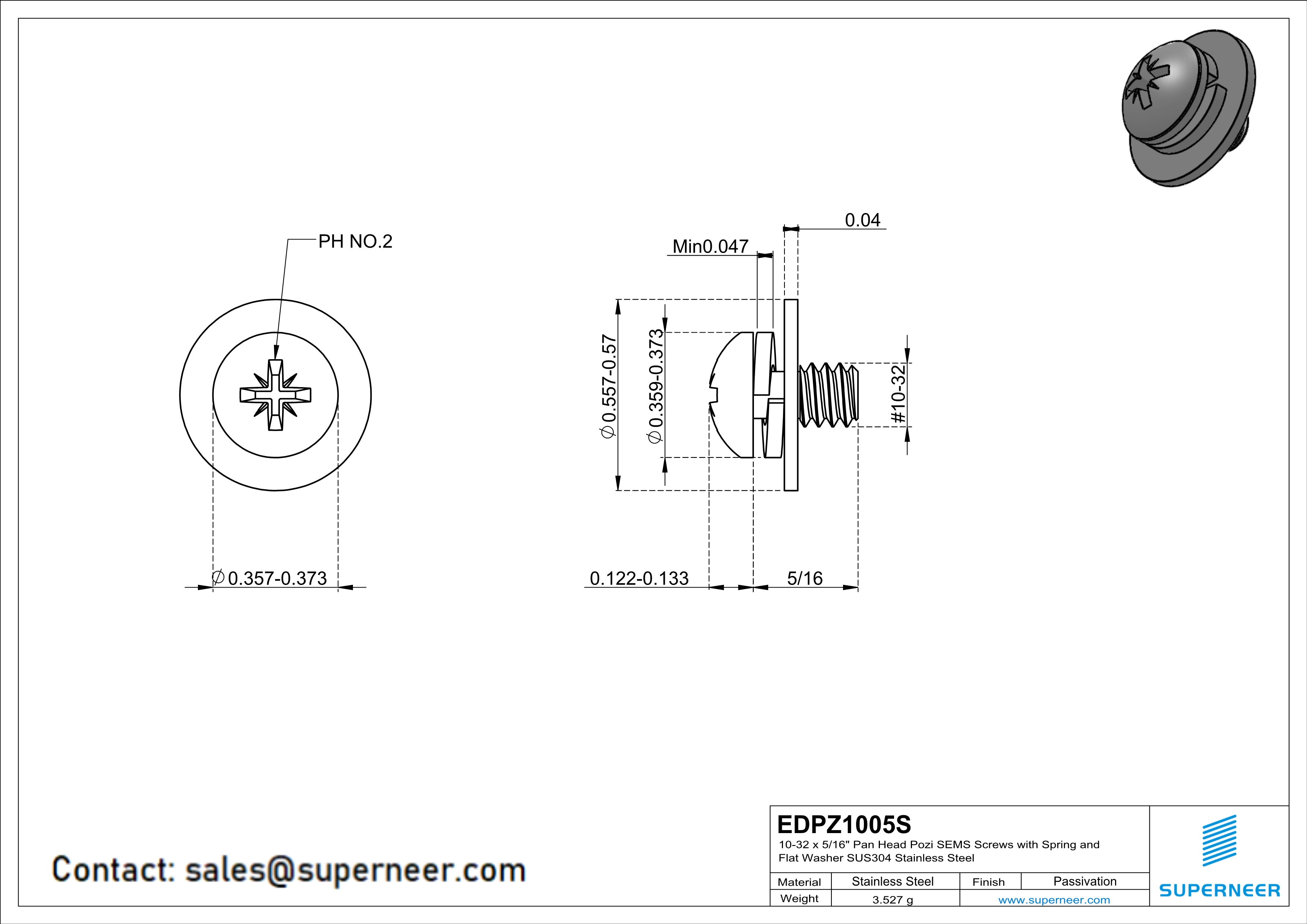 10-32 x 5/16" Pan Head Pozi SEMS Screws with Spring and Flat Washer SUS304 Stainless Steel Inox