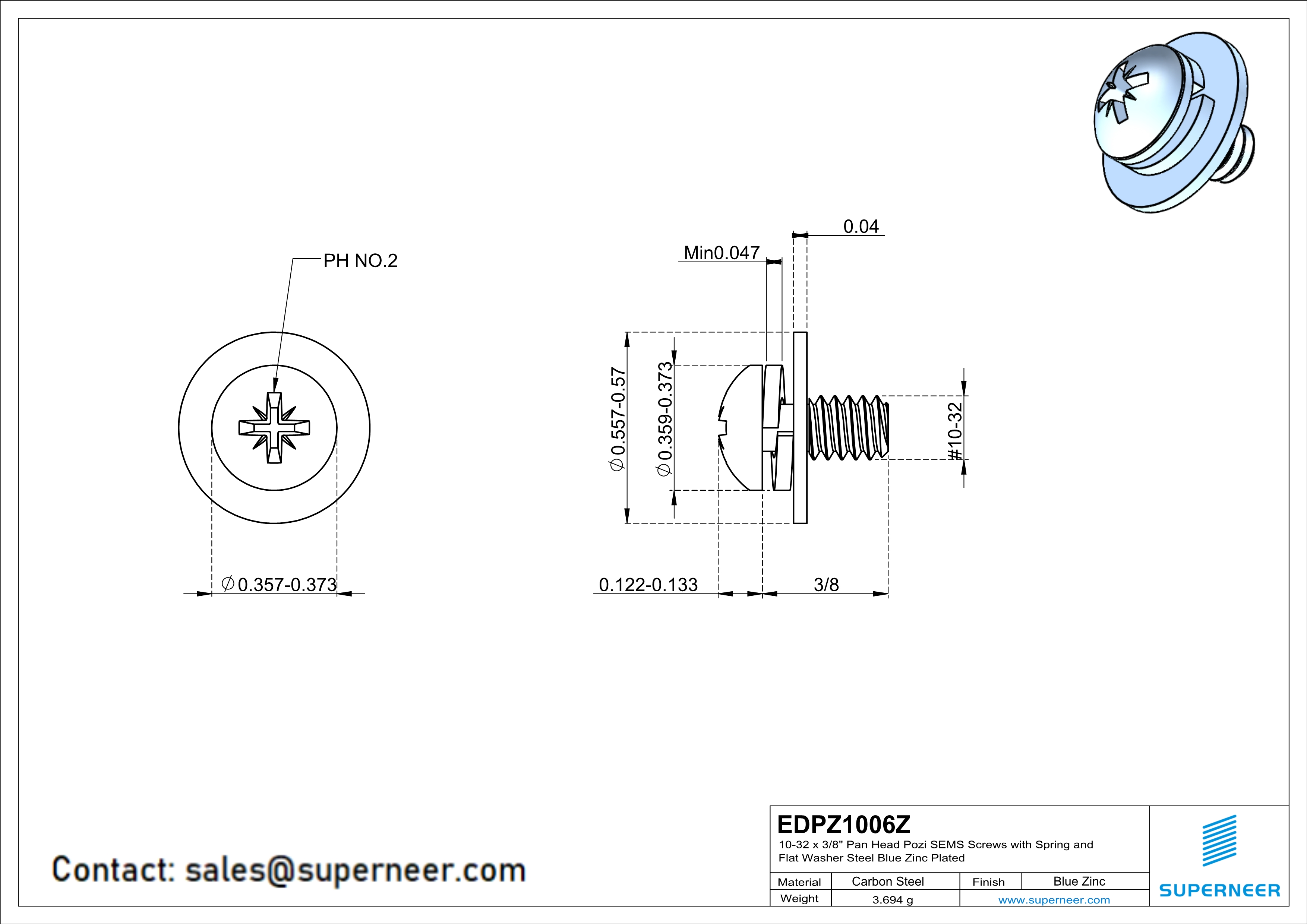 10-32 x 3/8" Pan Head Pozi SEMS Screws with Spring and Flat Washer Steel Blue Zinc Plated