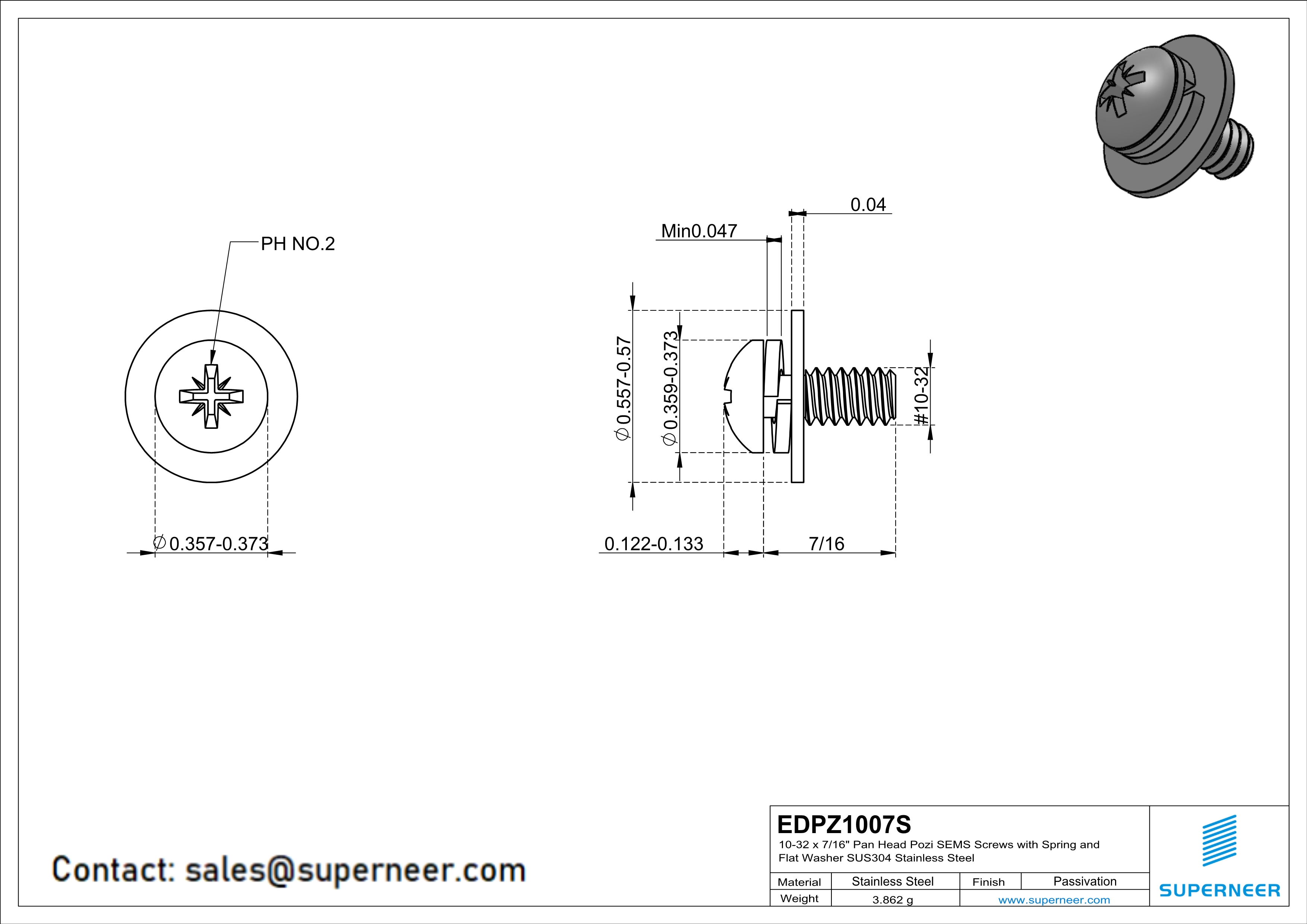 10-32 x 7/16" Pan Head Pozi SEMS Screws with Spring and Flat Washer SUS304 Stainless Steel Inox