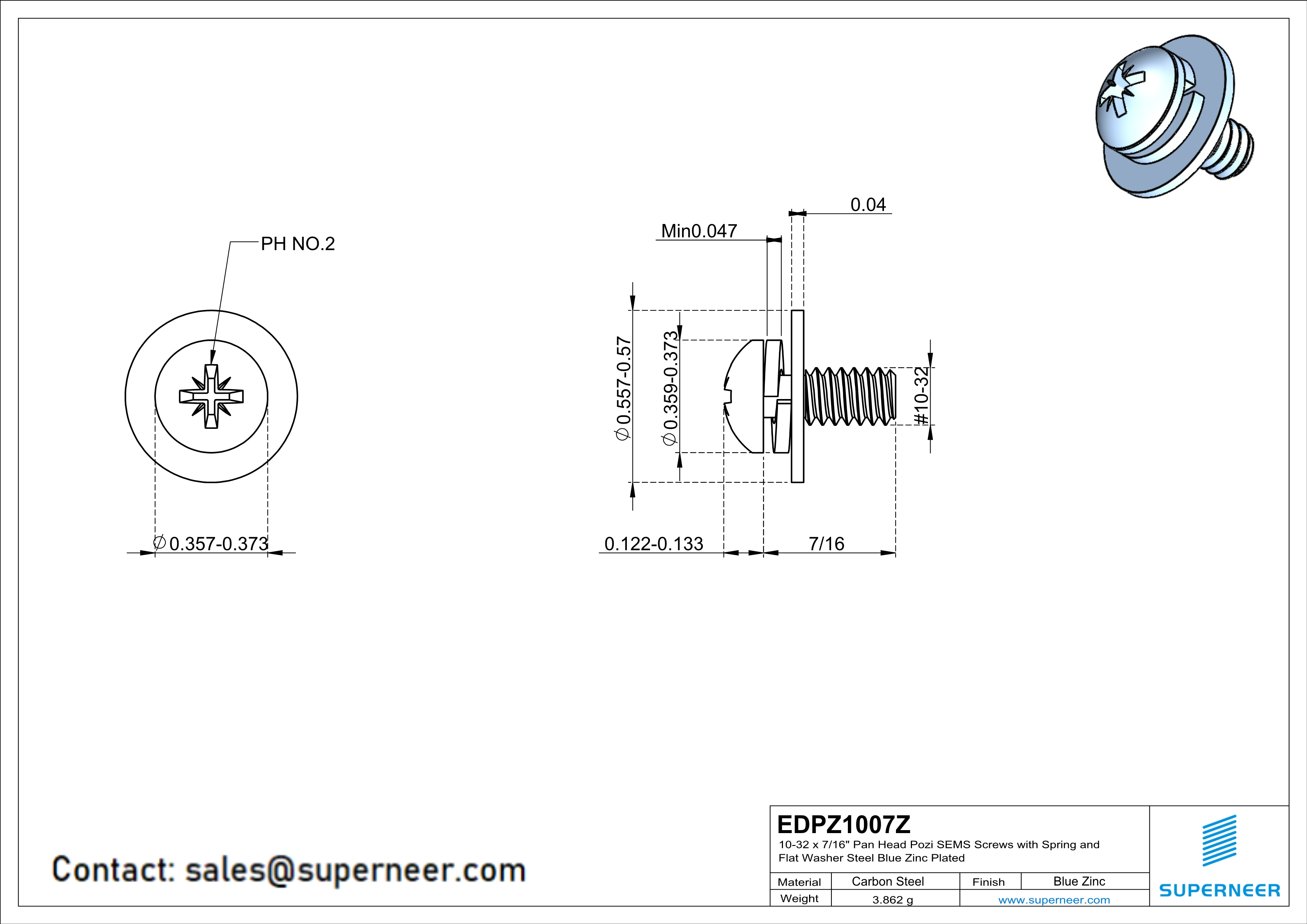 10-32 x 7/16" Pan Head Pozi SEMS Screws with Spring and Flat Washer Steel Blue Zinc Plated