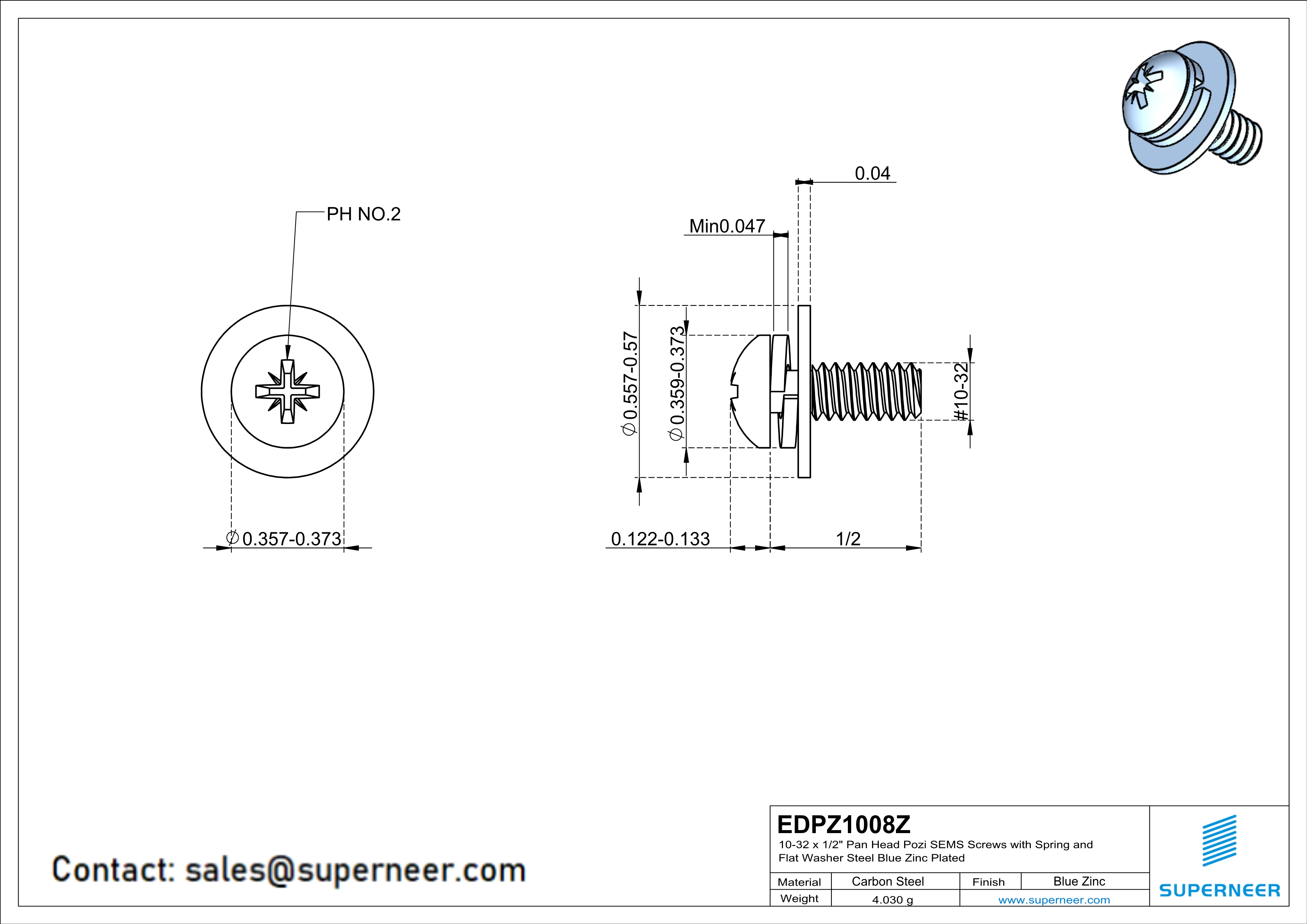 10-32 x 1/2" Pan Head Pozi SEMS Screws with Spring and Flat Washer Steel Blue Zinc Plated