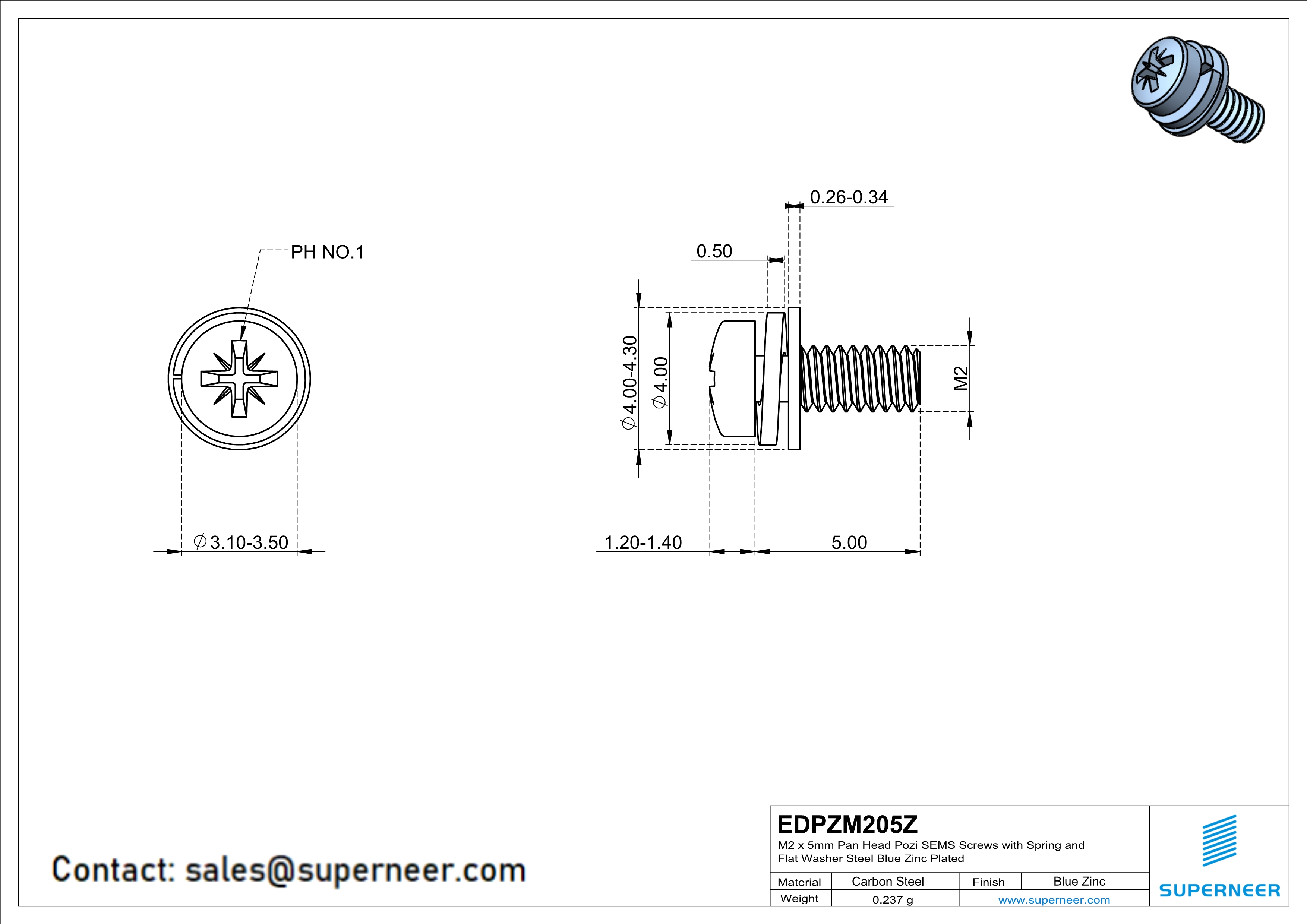 M2 x 5mm Pan Head Pozi SEMS Screws with Spring and Flat Washer Steel Blue Zinc Plated