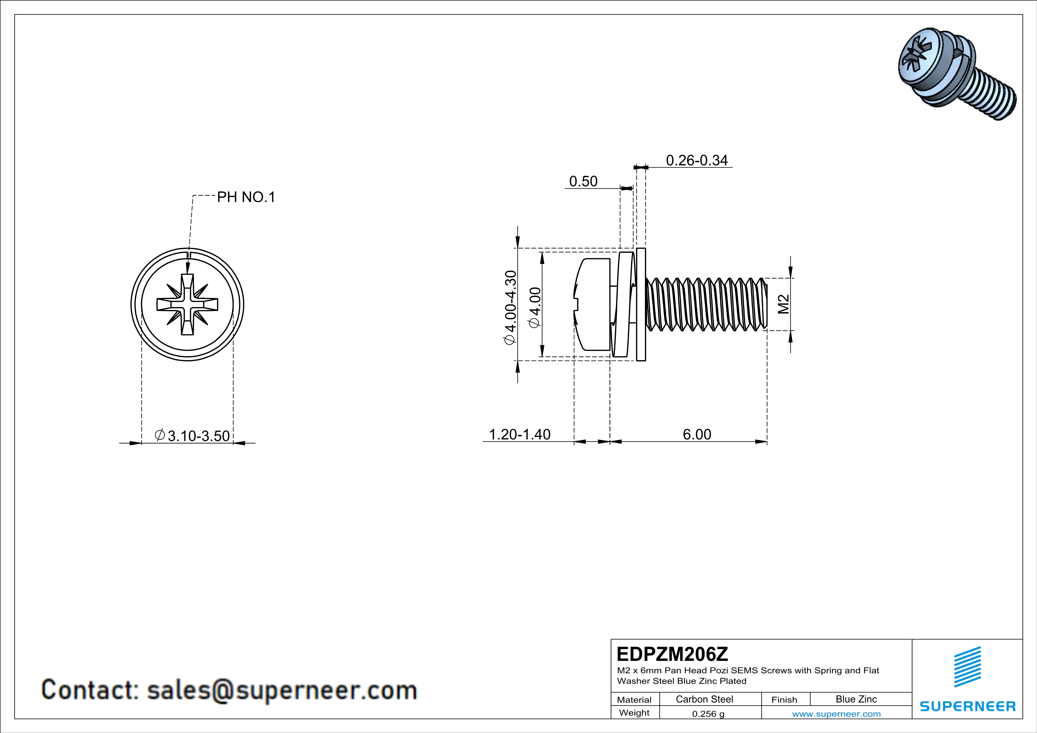 M2 x 6mm Pan Head Pozi SEMS Screws with Spring and Flat Washer Steel Blue Zinc Plated