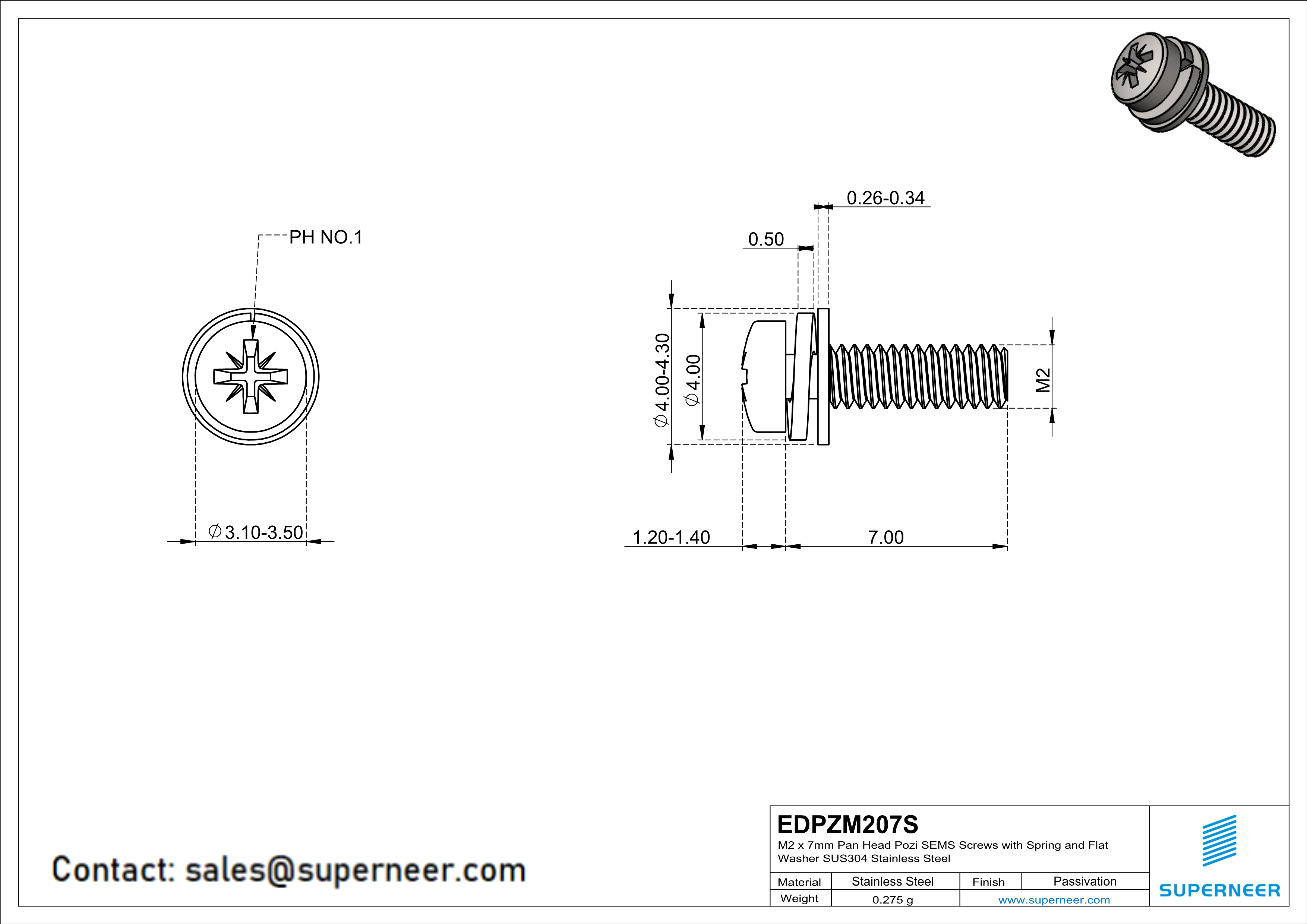 M2 x 7mm Pan Head Pozi SEMS Screws with Spring and Flat Washer SUS304 Stainless Steel Inox