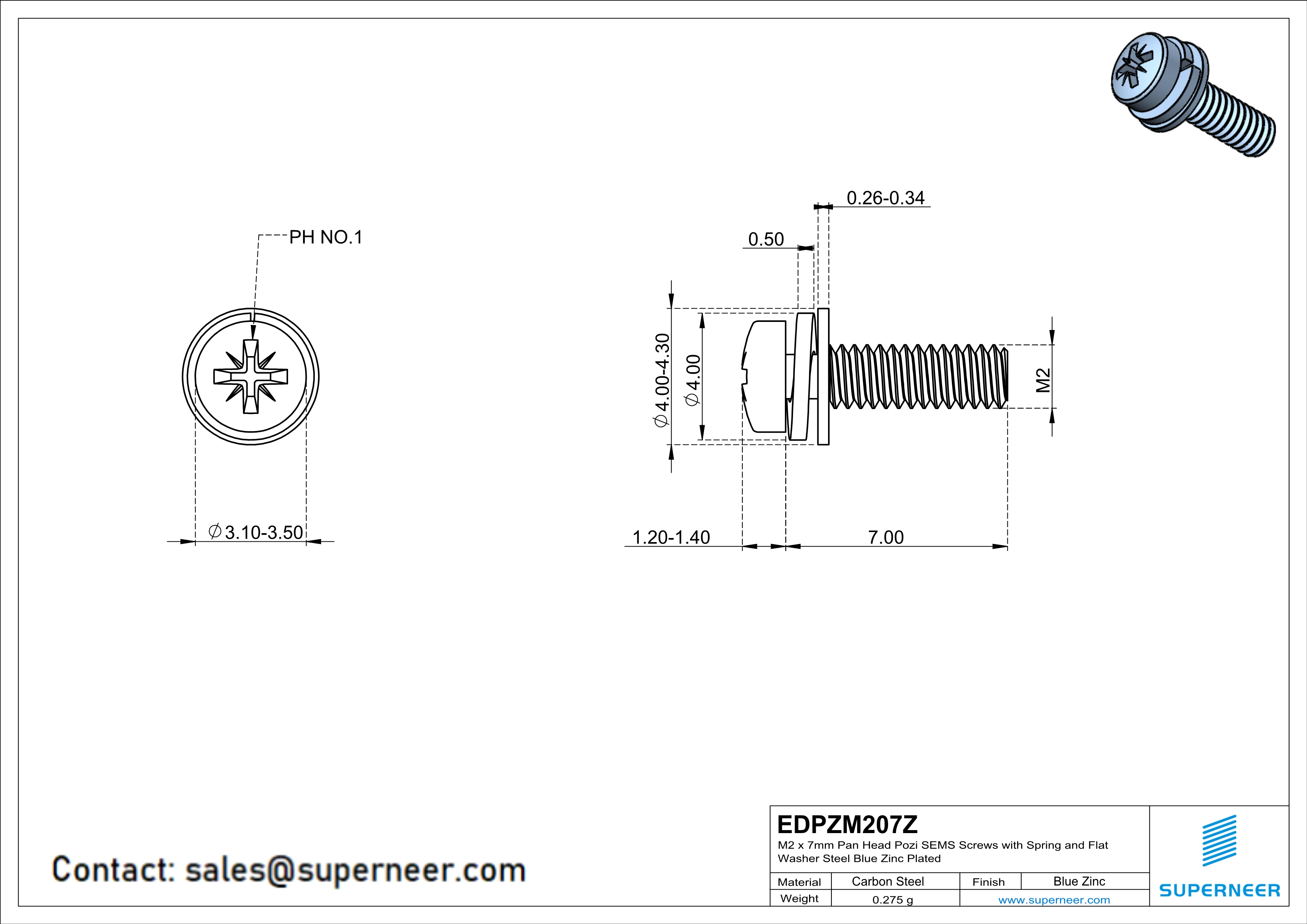 M2 x 7mm Pan Head Pozi SEMS Screws with Spring and Flat Washer Steel Blue Zinc Plated