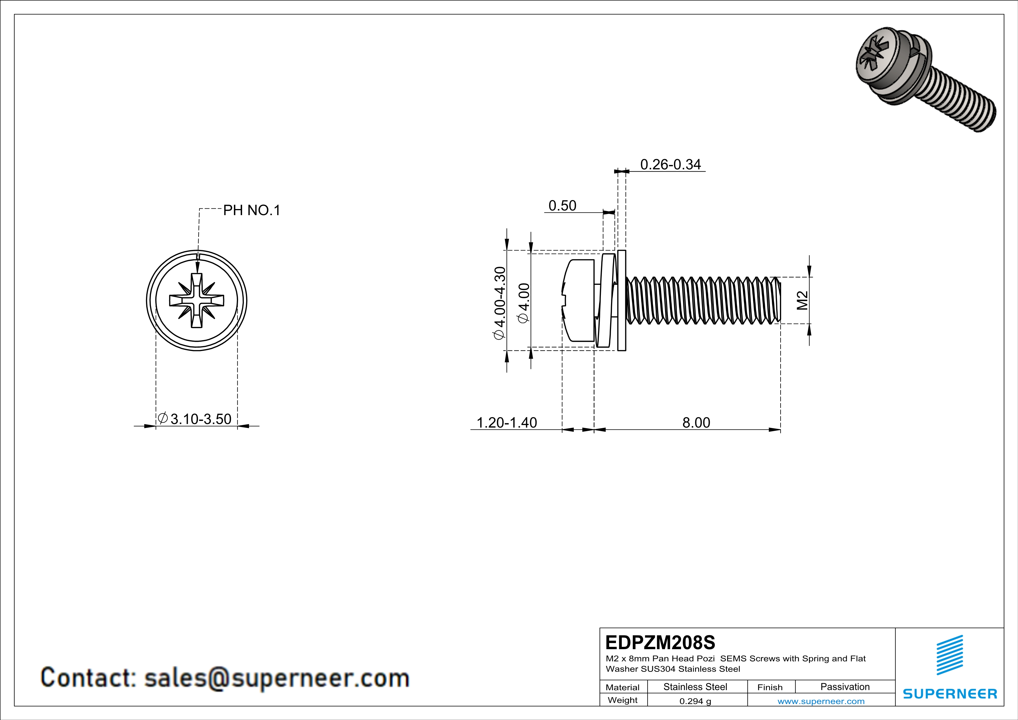 M2 x 8mm Pan Head Pozi SEMS Screws with Spring and Flat Washer SUS304 Stainless Steel Inox