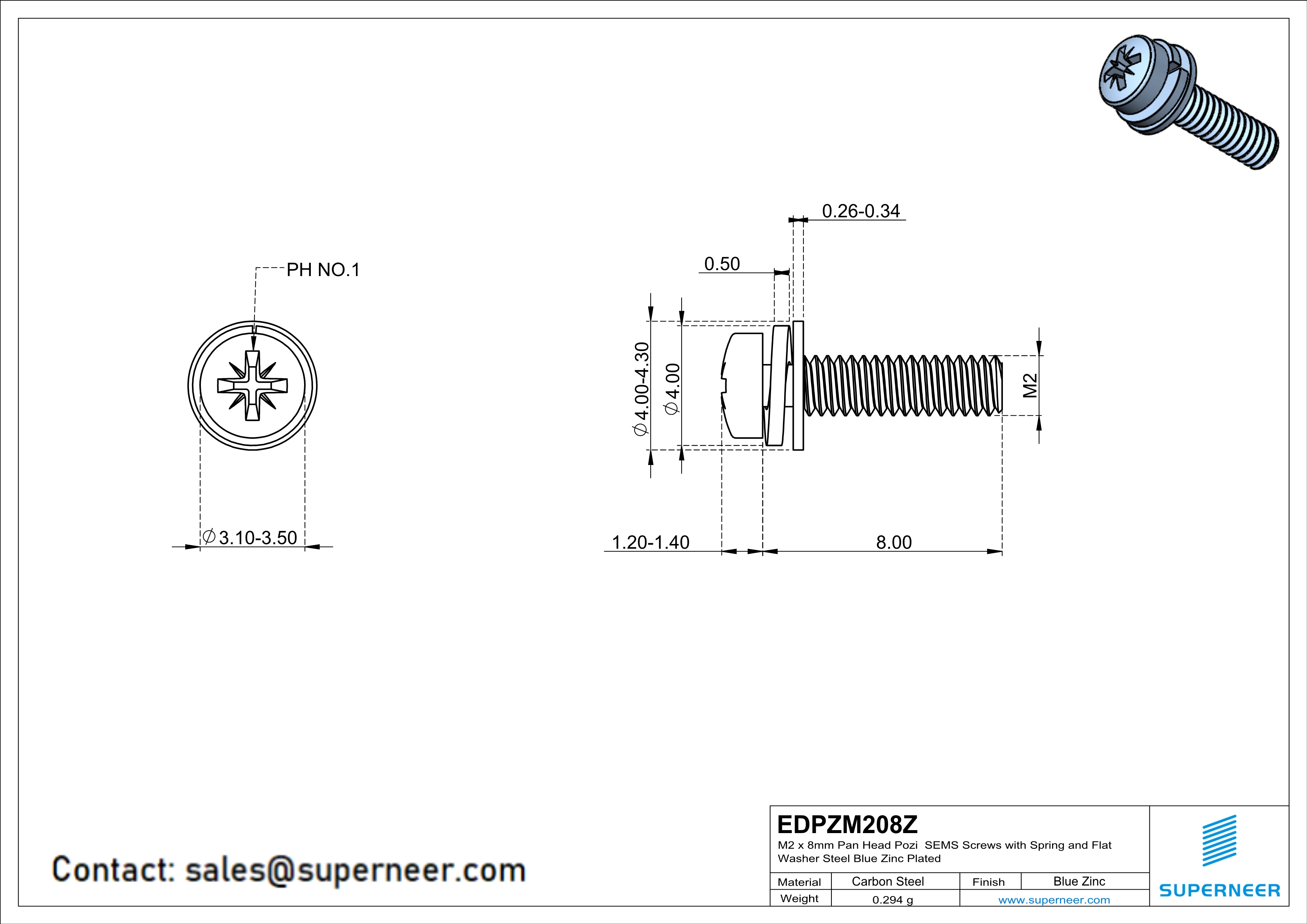 M2 x 8mm Pan Head Pozi SEMS Screws with Spring and Flat Washer Steel Blue Zinc Plated