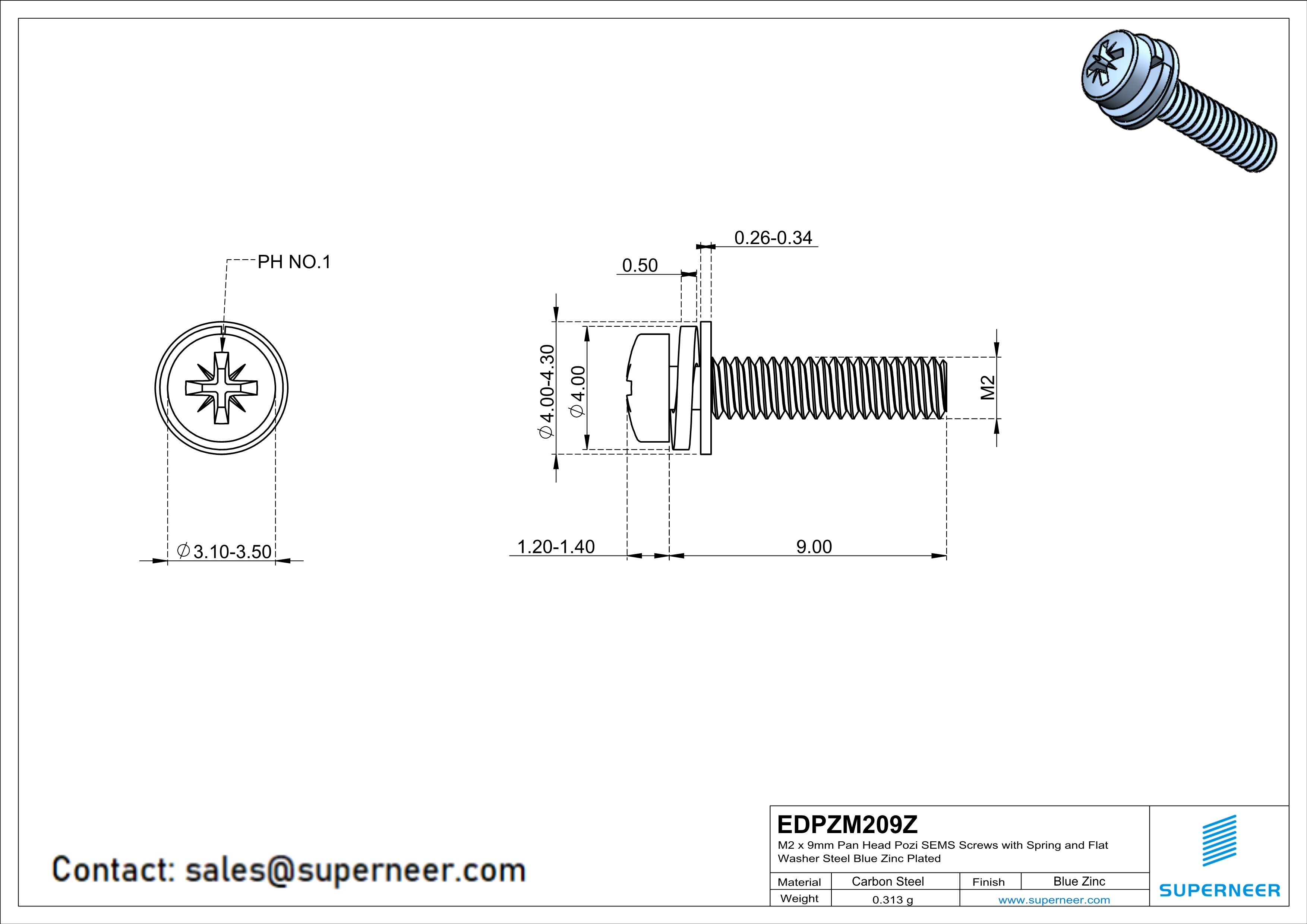 M2 x 9mm Pan Head Pozi SEMS Screws with Spring and Flat Washer Steel Blue Zinc Plated