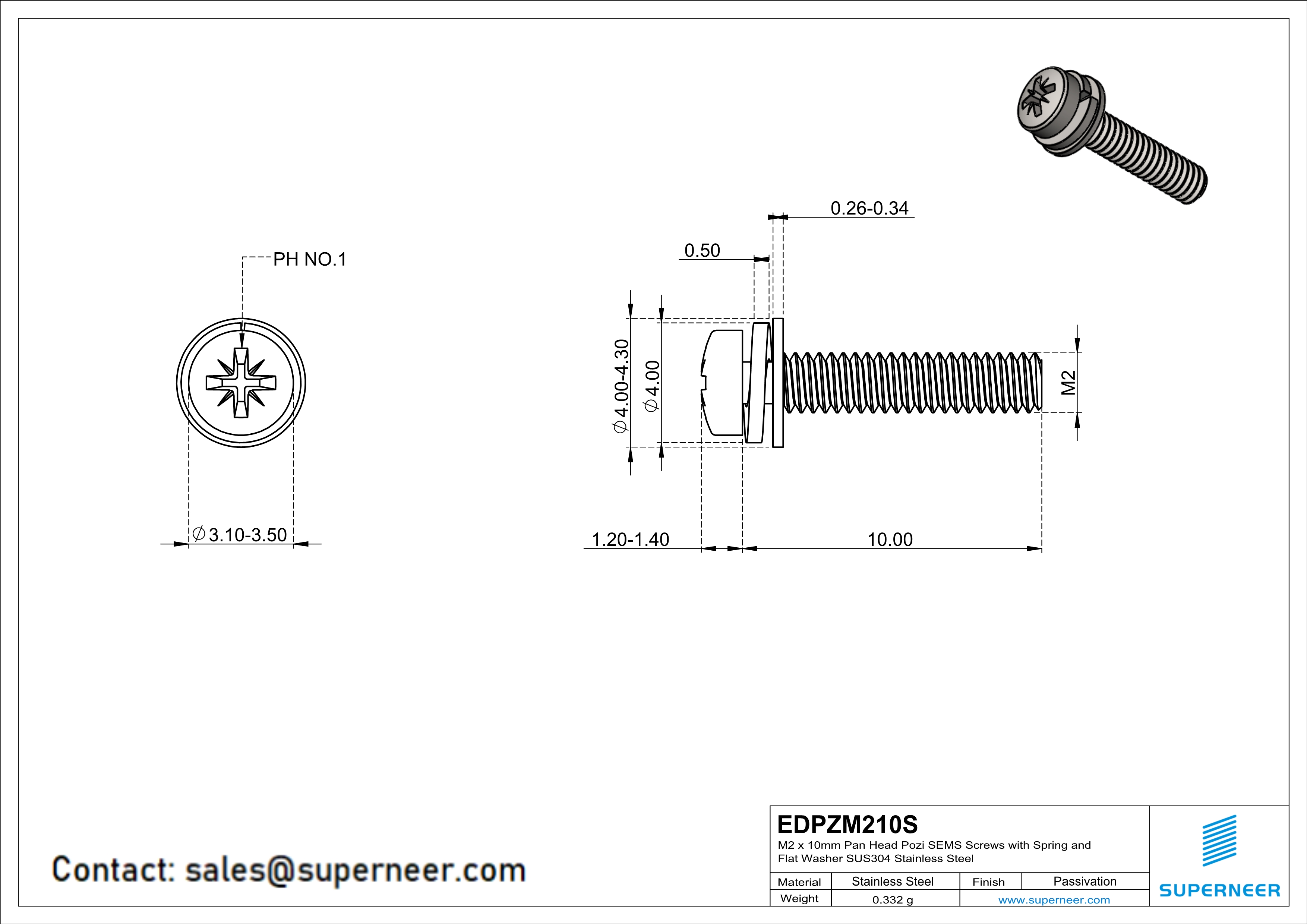 M2 x 10mm Pan Head Pozi SEMS Screws with Spring and Flat Washer SUS304 Stainless Steel Inox