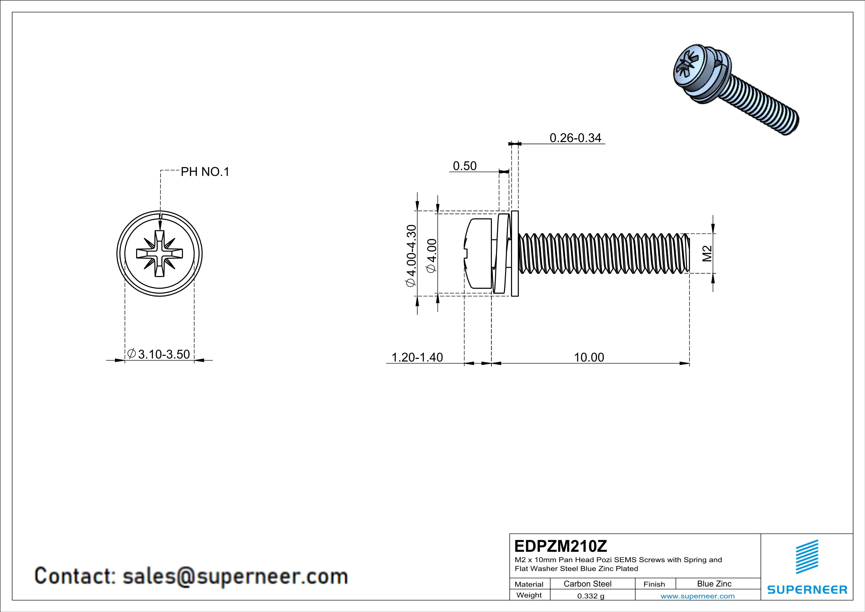 M2 x 10mm Pan Head Pozi SEMS Screws with Spring and Flat Washer Steel Blue Zinc Plated