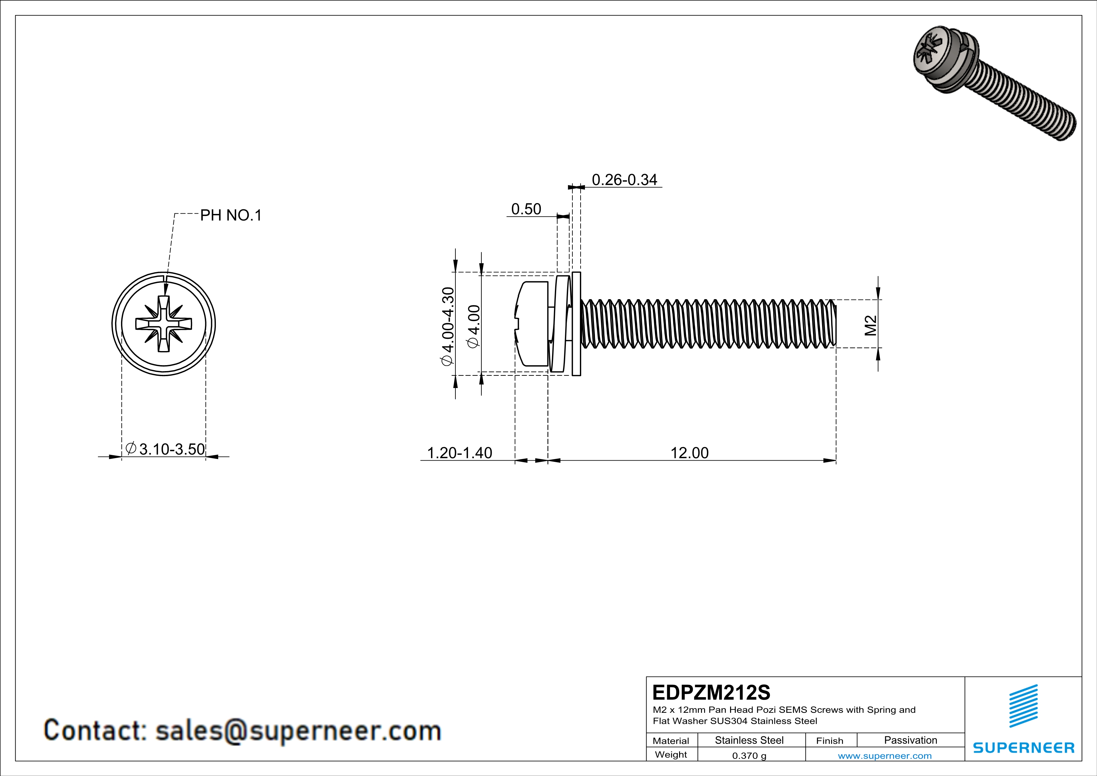 M2 x 12mm Pan Head Pozi SEMS Screws with Spring and Flat Washer SUS304 Stainless Steel Inox